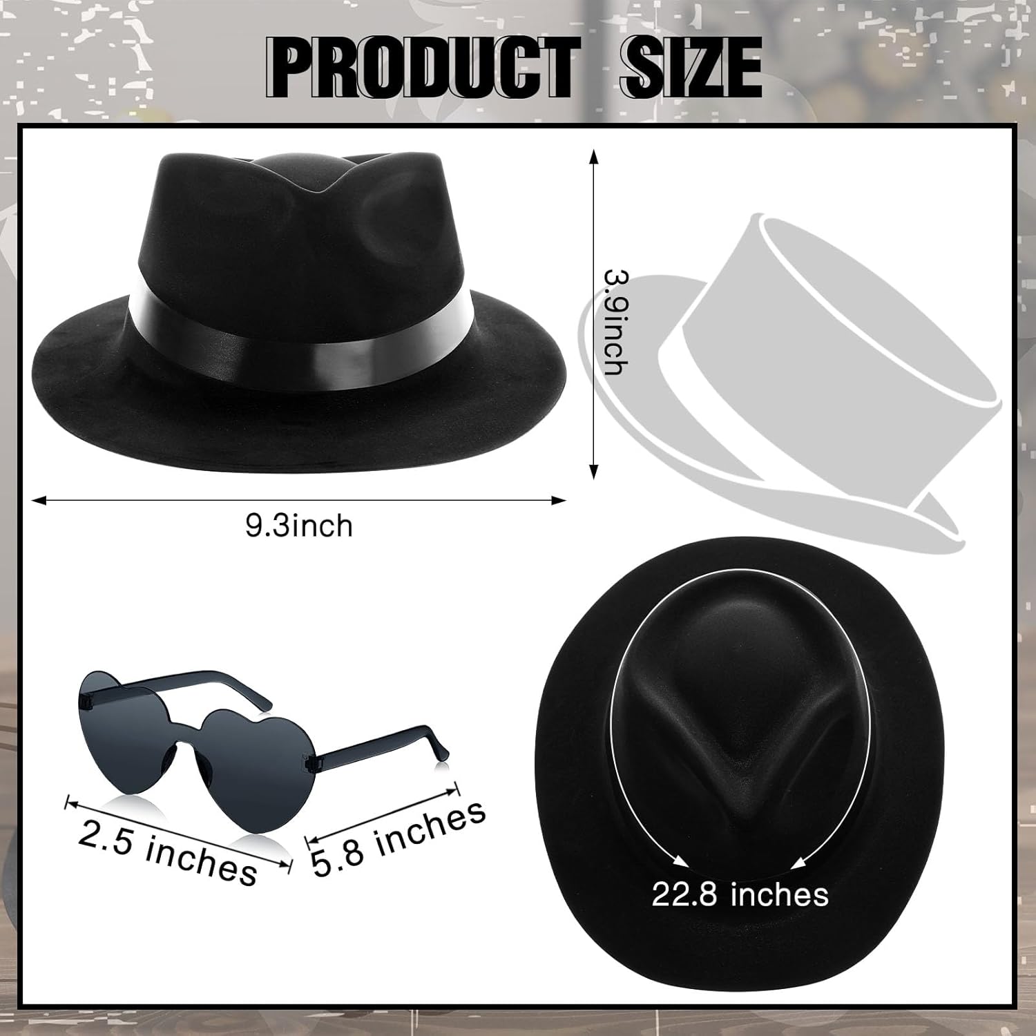 Sureio 12 Pieces Gangster Hat Set Plastic Gentlemen Hats Bulk with 12 Pairs Heart Shaped Glasses, Gangster Costume Hats for Adults 1920s Black Party Accessories Decorations for Men Women