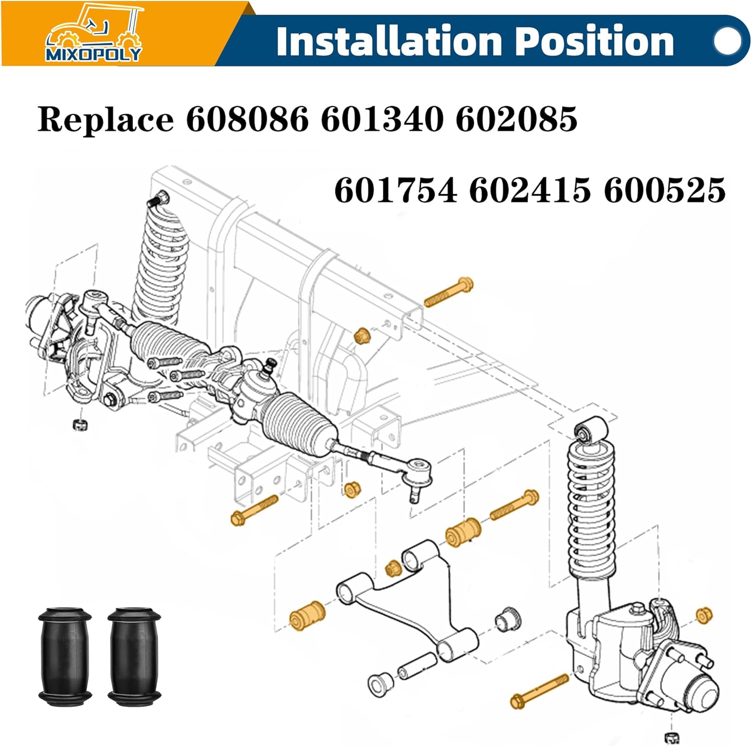 Golf Cart A Arm Bushing Sleeve Kit for EZGO RXV Gas & Electric 2008-up, Replace 608086 601340 602085 601754 602415 600525