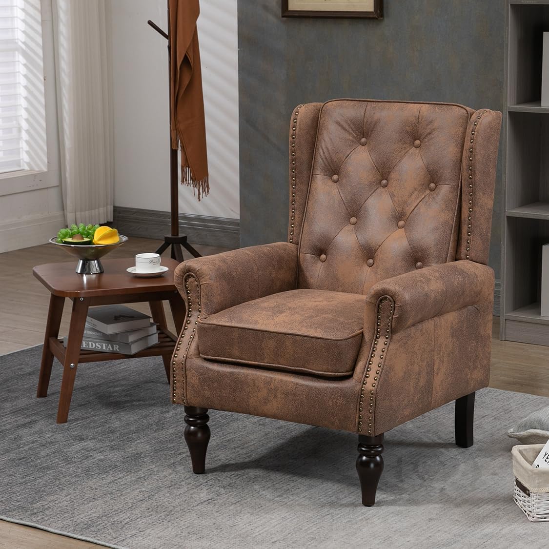 Mid-Century High Wingback Chair, Microfiber Accent Chair Armchair with Buttons,Modern Living Room Chairs with Rivet Decoration,Leisure Single Sofa Chair for Bedroom,Club,Home Reception (Coffee.)