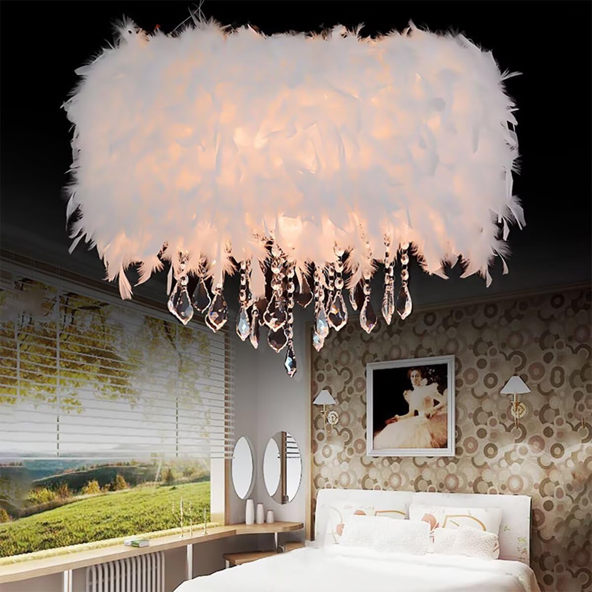 Lámpara colgante de plumas de cristal Lámpara colgante de plumas blancas Lámpara de techo Lámpara de techo, lujo romántico para sala de estar, comedor, 50 CM / 19.8 PULGADAS