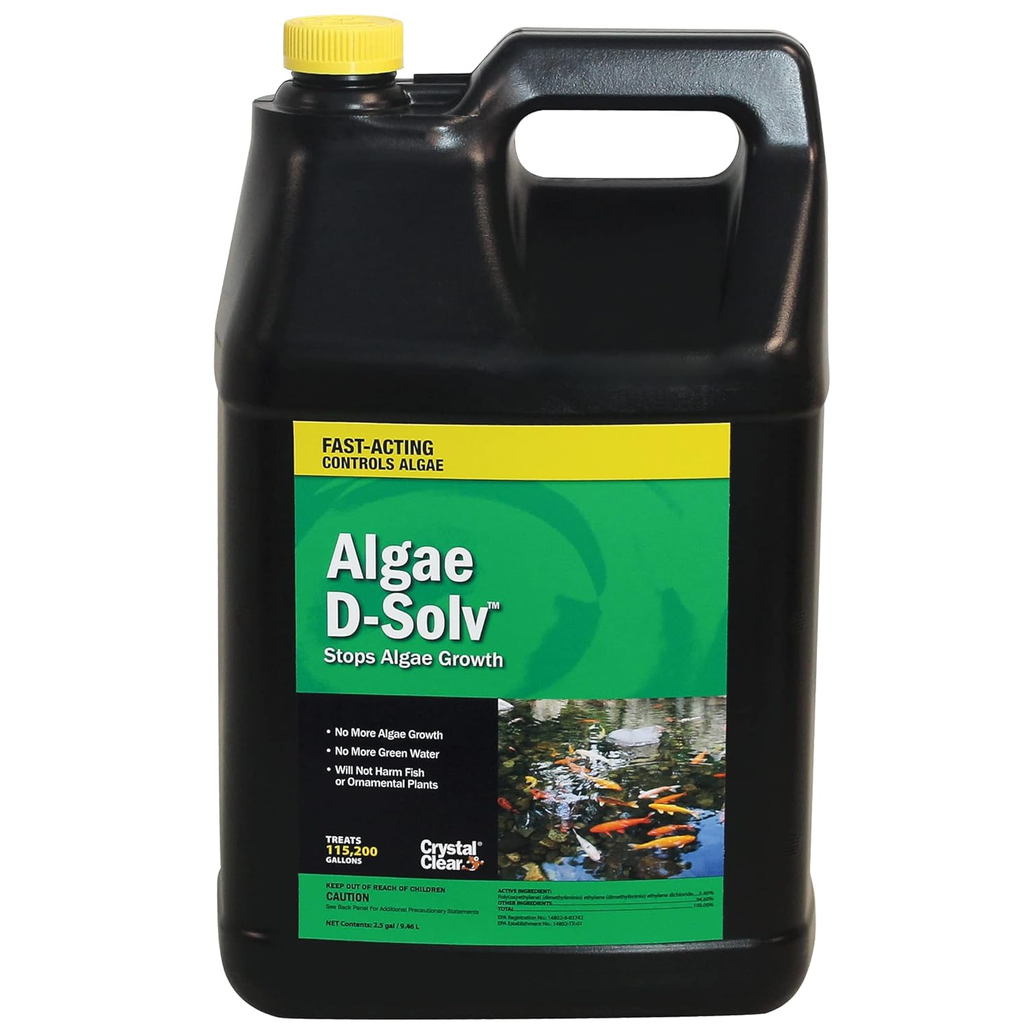 CrystalClear Algae D-Solv Pond Algae Control, Fast-Acting EPA Registered Algaecide, Use in Fountains & Outdoor Ponds Containing Koi & Other Fish, Treats 46,080 Gallons, 1 Gallon