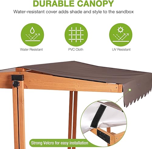 Miniatura 5 de GUTINNEEN Caja de arena de madera con toldo ajustable, caja de arena para niños al aire libre con bancos plegables, forro de arena, techo retráctil,