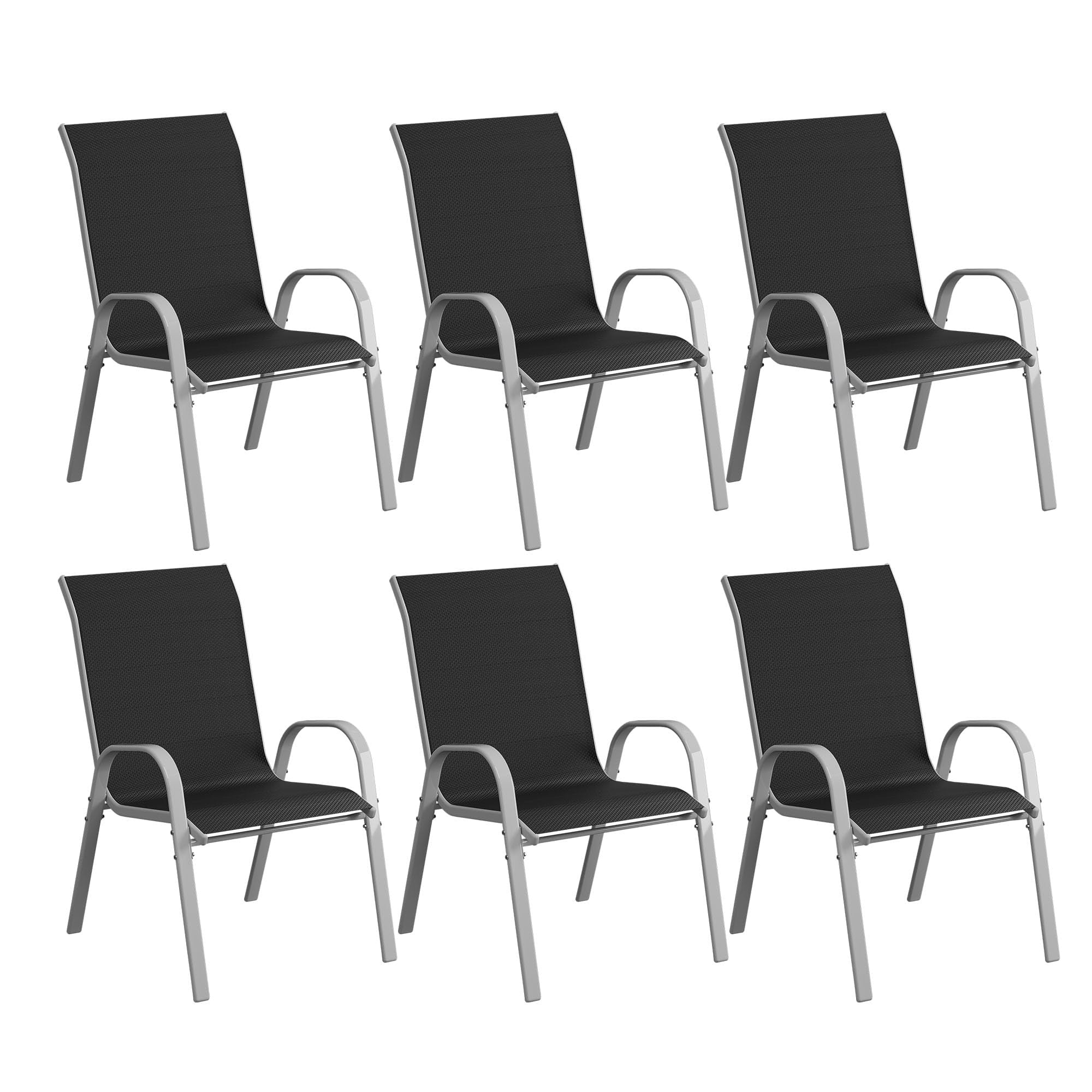Amopatio Patio Chairs Set of 6, Stackable Outdoor Dining Chairs for All Weather, Silver Frame Outdoor Chair Garden Furniture for Backyard Deck(Black)