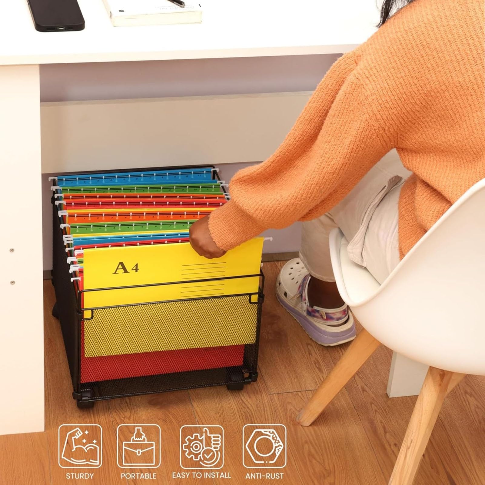 Schubladenbox Hängeregistraturbox Aus Netzstoff, Aktenordner-Organizer Mit Rädern, Metall-Aufbewahrungskiste Für 40 Akten Im Briefformat, Bürobriefe, Speisekammer, Kleidung Und Bad