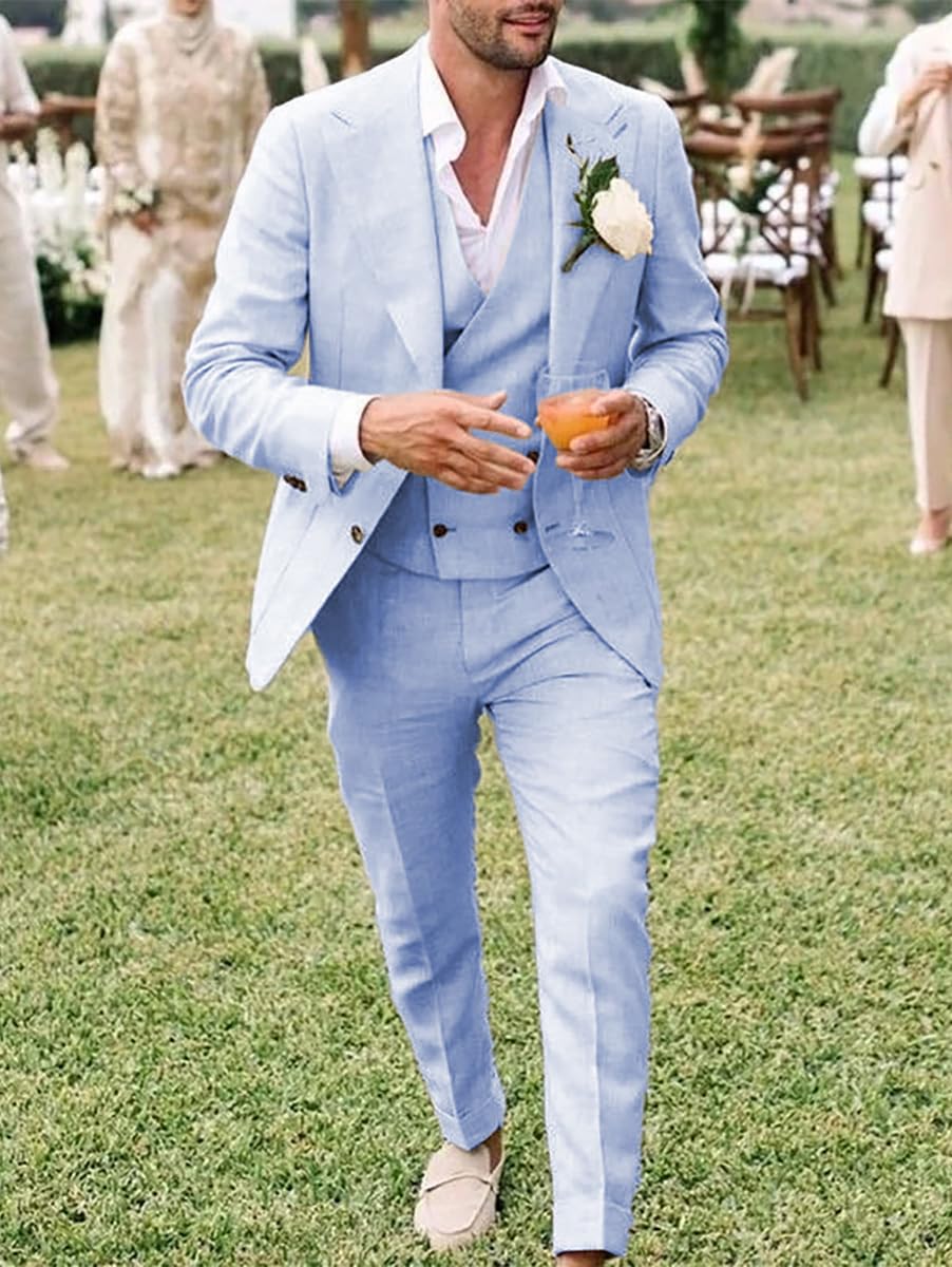 Completo da uomo in lino, stile casual, 3 pezzi, vestibilità regolare, giacca, gilet e pantaloni, per ballo di fine anno e matrimonio