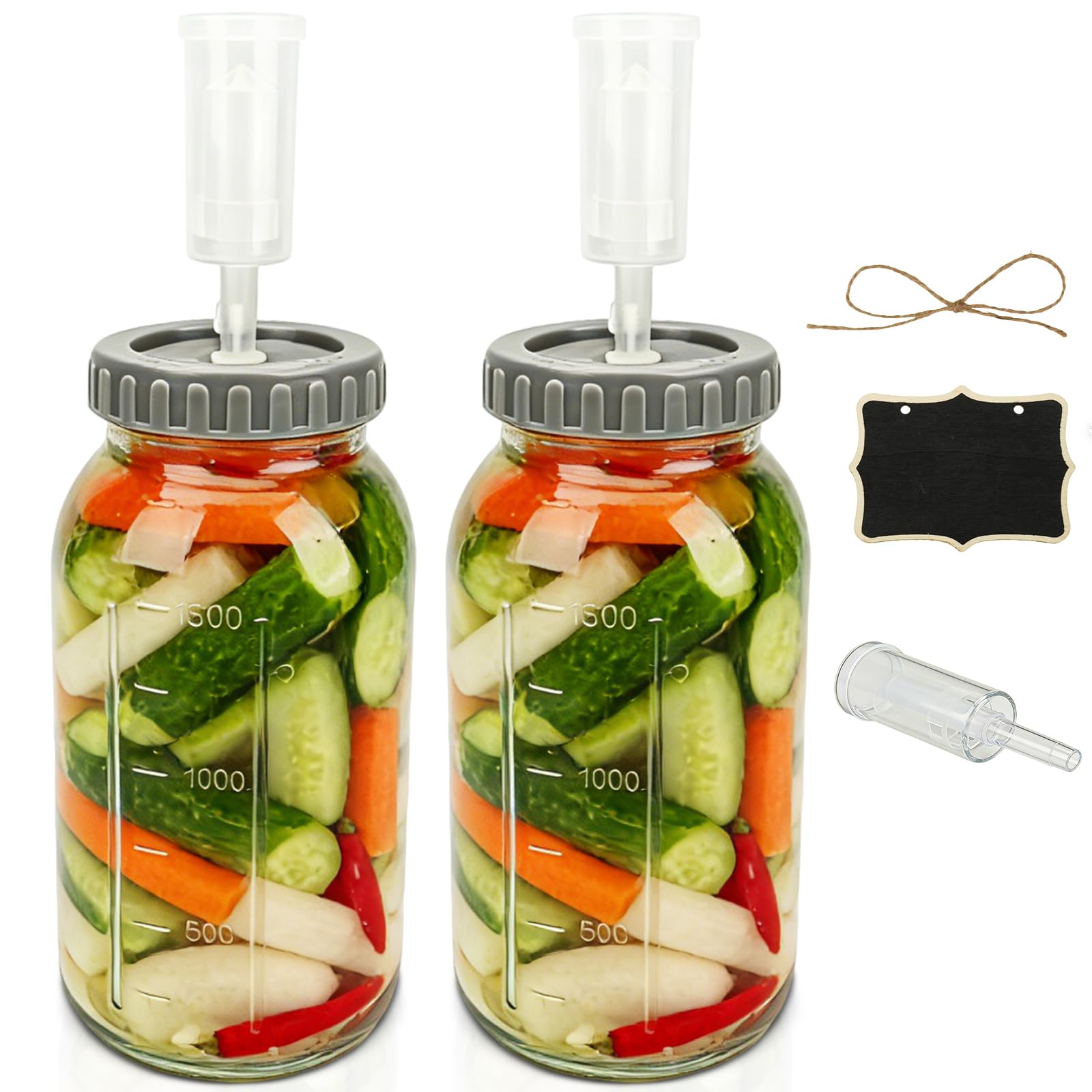 2 Unidades de Vidrio de fermentación de 2L, Vaso de fermentación con Ventilador de fermentación, Recipiente de Kimchi de Boca Ancha, Tarro de fermentación para chucrut, Kimchi, iniciador de
