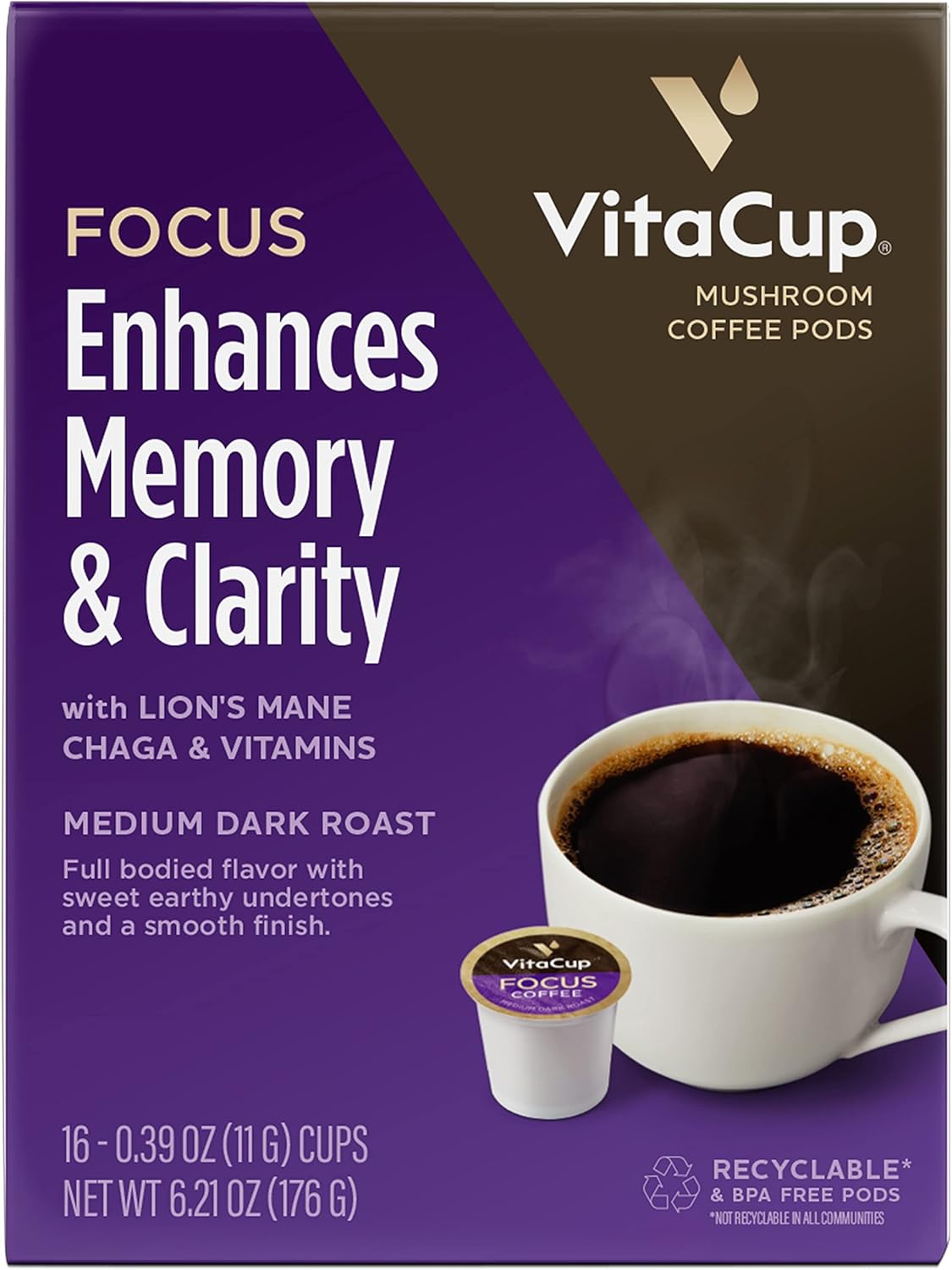 Focus Mushroom Coffee Pods by VitaCup w/ Lions Mane, Chaga, & Vitamins