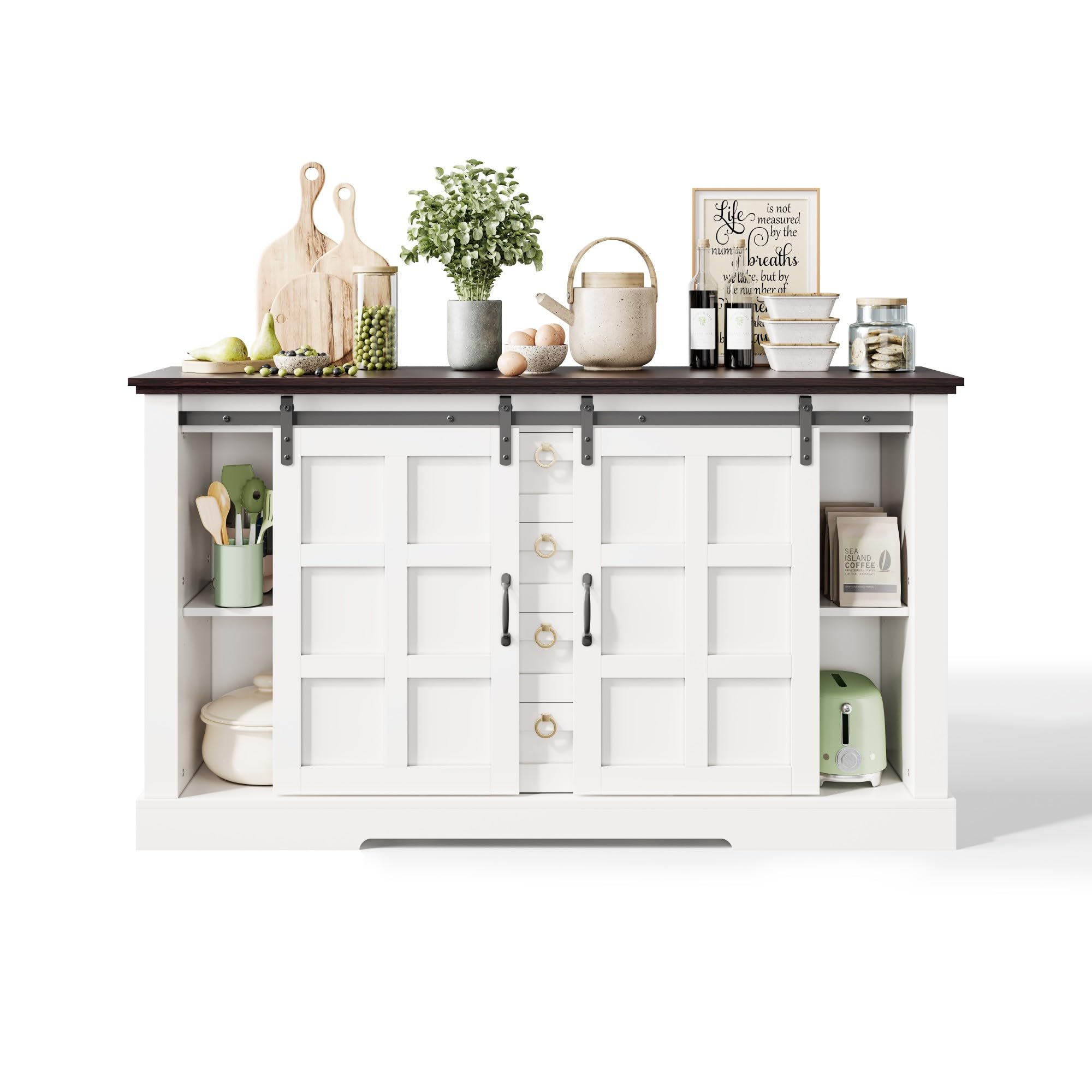 BTM Sideboard mit Stauraum und Schiebetüren Küchenschrank Kommode Landhausstil Sideboard Wohnzimmer Buffetschrank Weiß