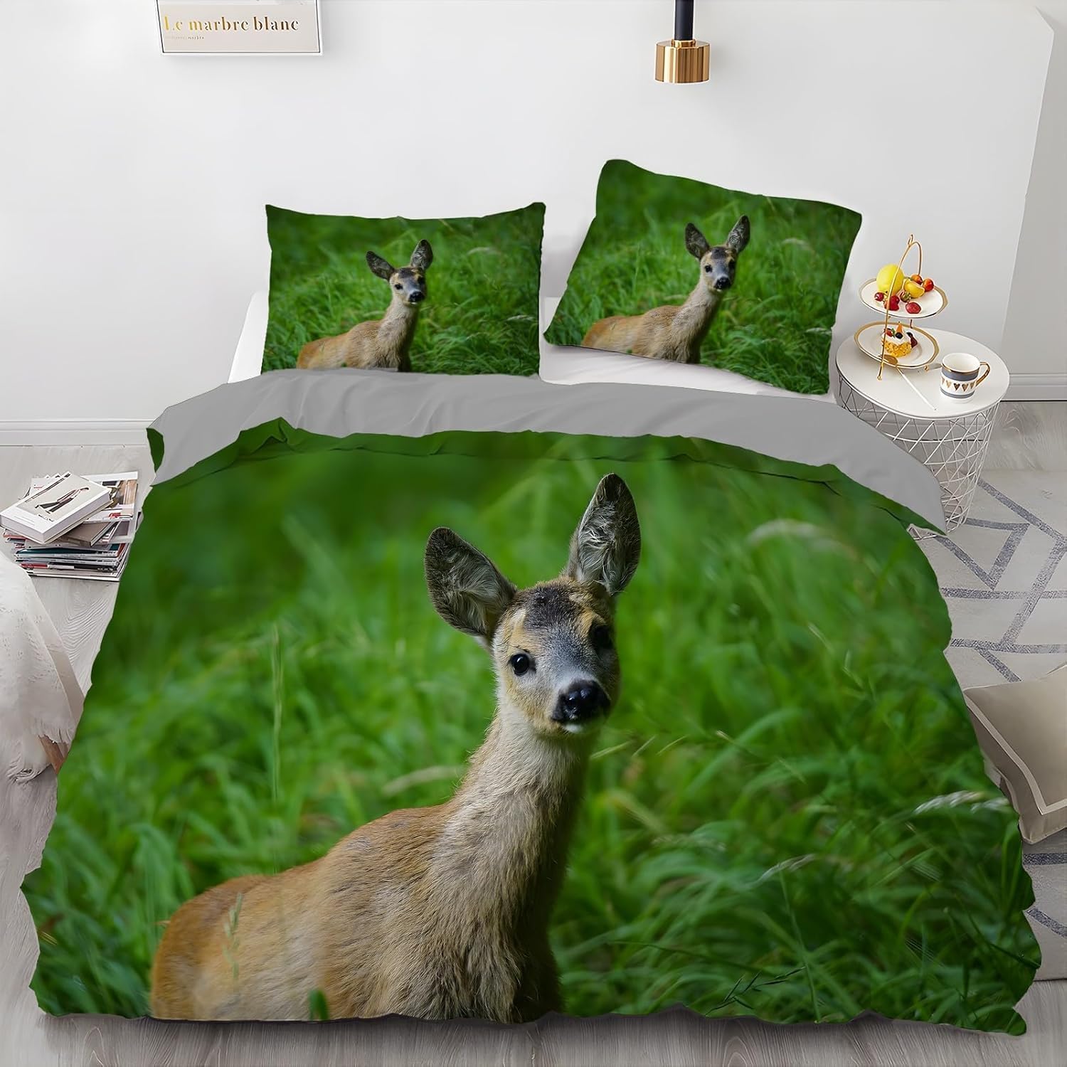 Pościel z sarny 200 x 200 cm, 3-częściowa, poszwa na kołdrę 200 x 200 cm, dzikie zwierzęta, druk 3D, zestaw pościeli z miękkiej mikrofibry z zamkiem błyskawicznym i 2 poszewkami na poduszkę 80 x 80 cm