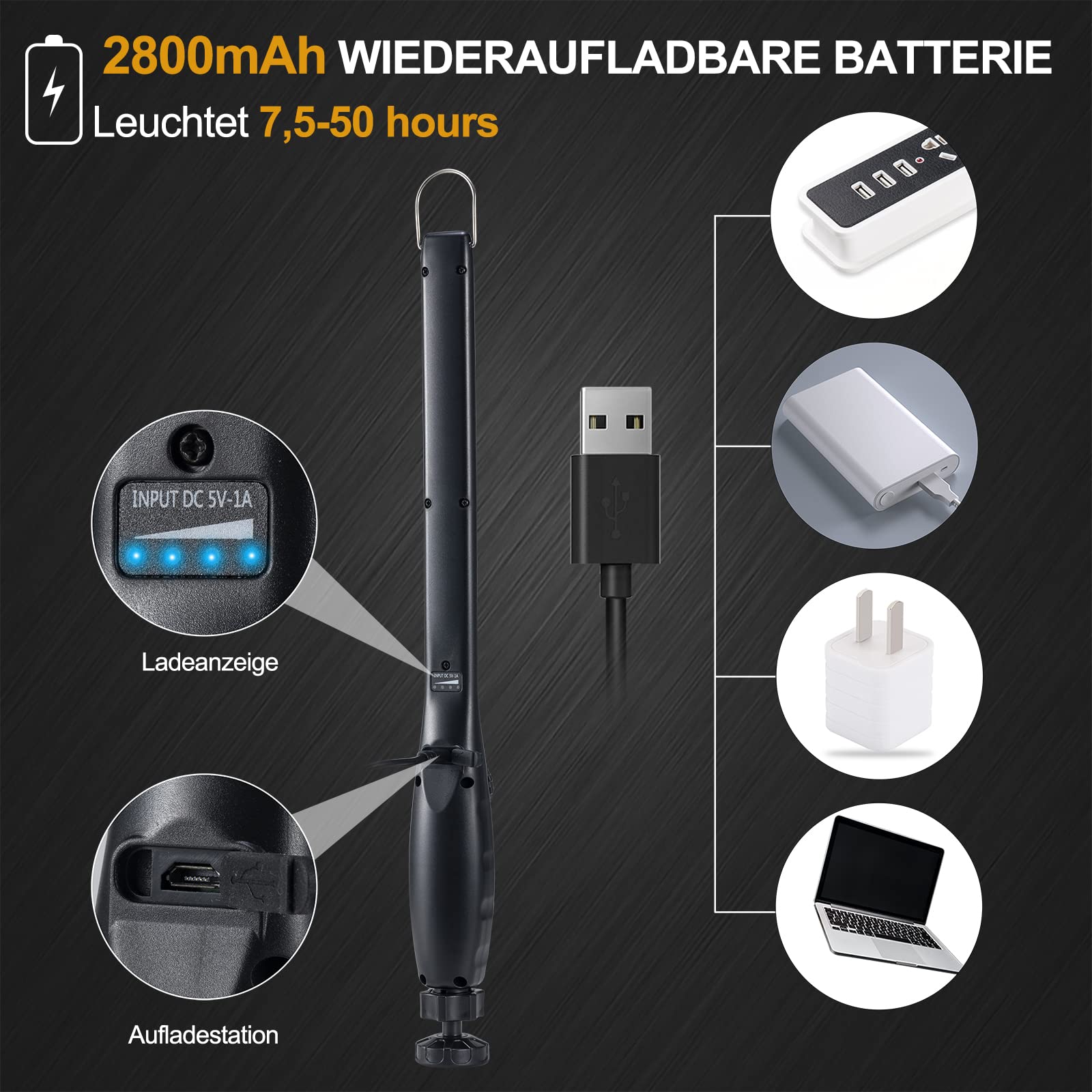 ANSMANN LED Arbeitsleuchte ML3000RD - 3000 Lumen, Aufladbar Via USB-C, Mit Magnet & Haken, Dimmbar