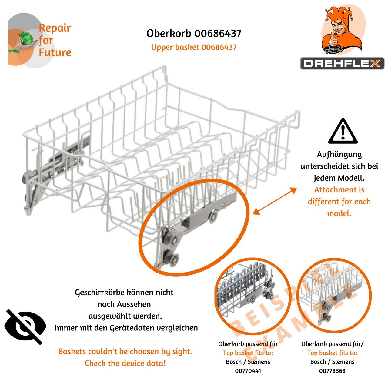 Geschirrkorb Oberkorb -KORB29- für div. Geschirrspüler von Bosch/Siemens/Neff/Constructa - passt für Teile-Nr. 00686437 686437 (Ersetzt: 00683986 00478720 00215757 683986 478720 215757)