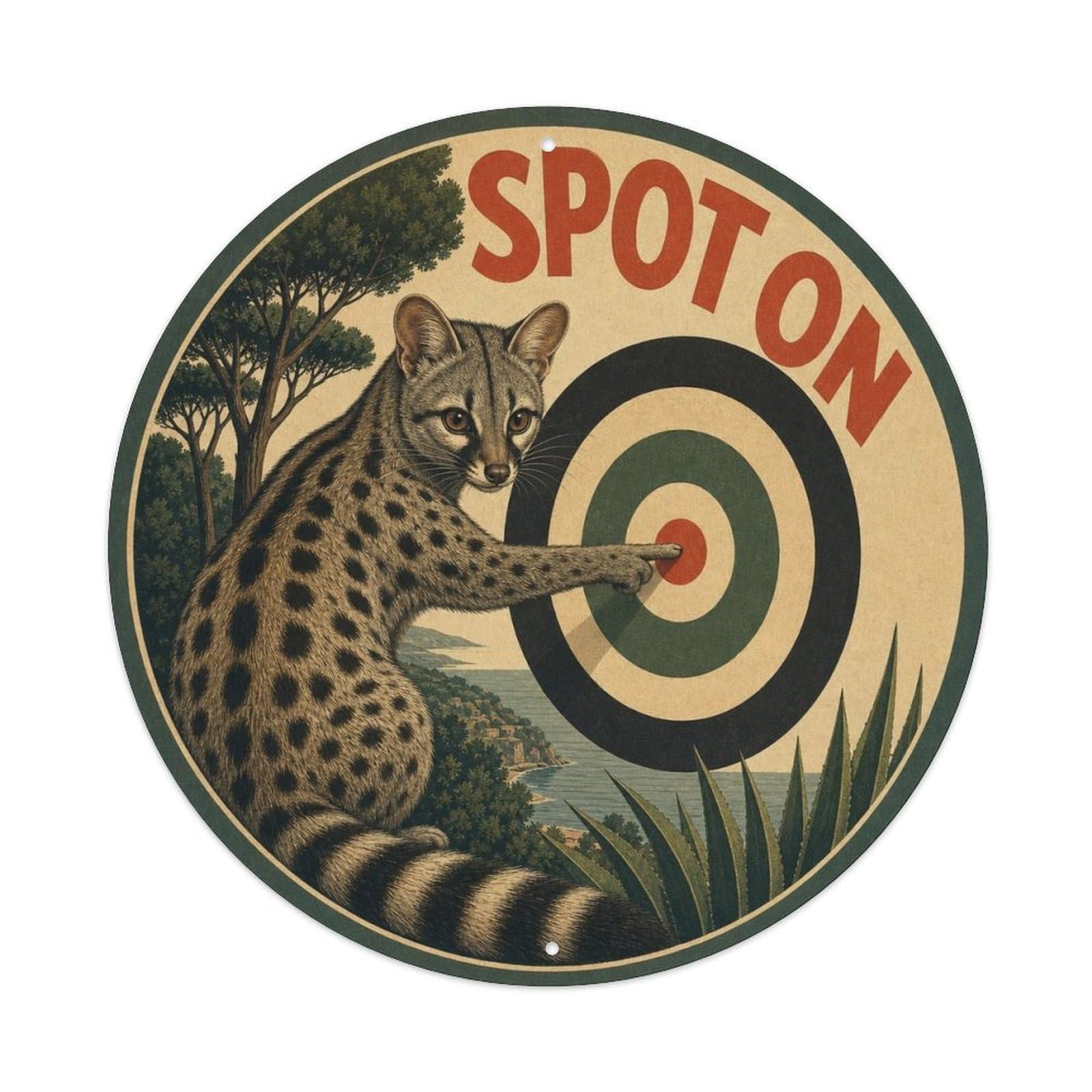 Okngb Style Genet Spot On Comic Animal Pop Quirky Meme Humor Metal Tin Sign Plaque Wall Decor For Cafe, Man Cave, Club Bar, Office, Home Garden Round Metal Poster 8X8inch