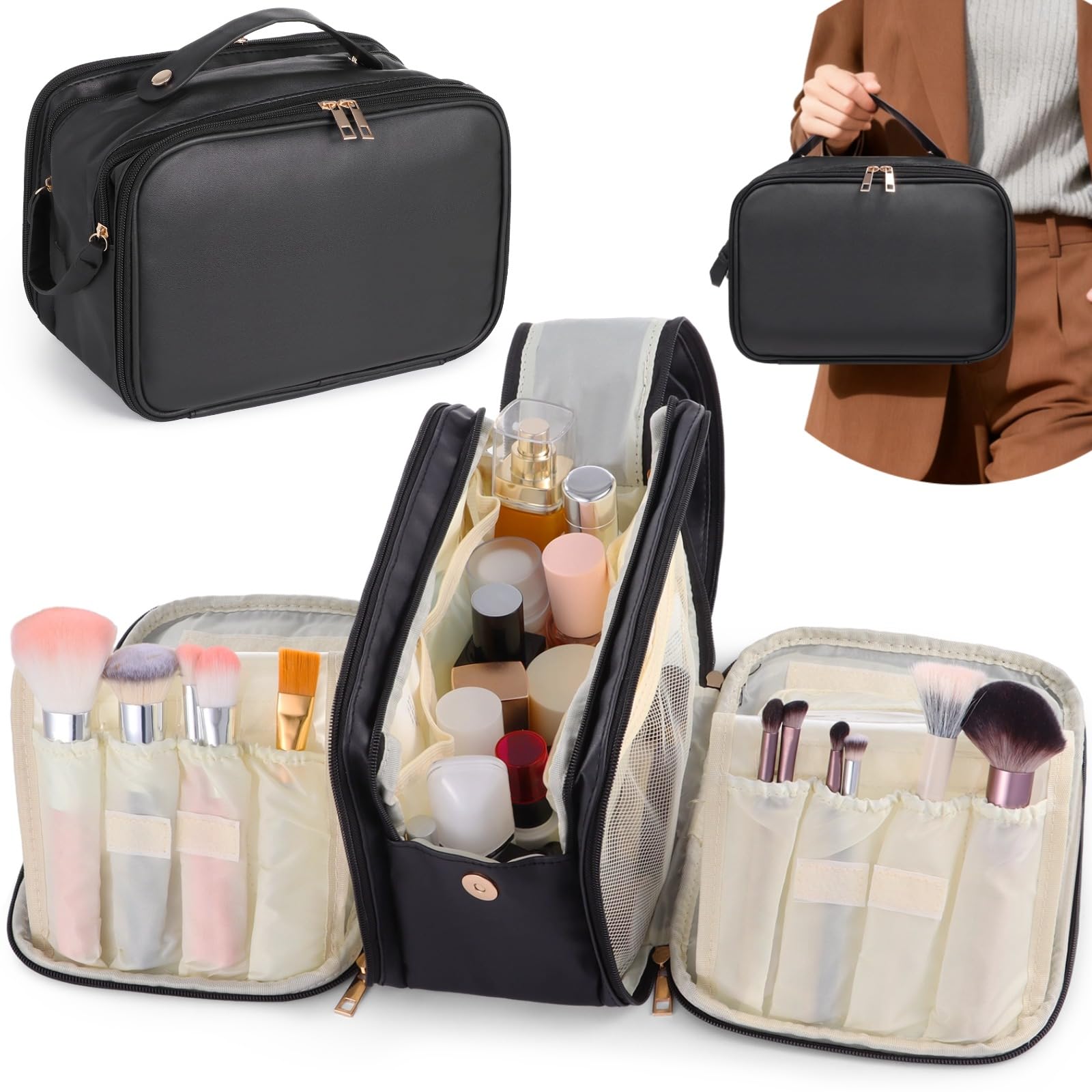 Kosmetiktasche für Reisen, große Make-up Tasche mit Mehreren Ebenen, Organizer mit Griff, PU Leder, wasserabweisend, tragbare Reißverschlusstasche mit aufstellbarem Pinselhalter