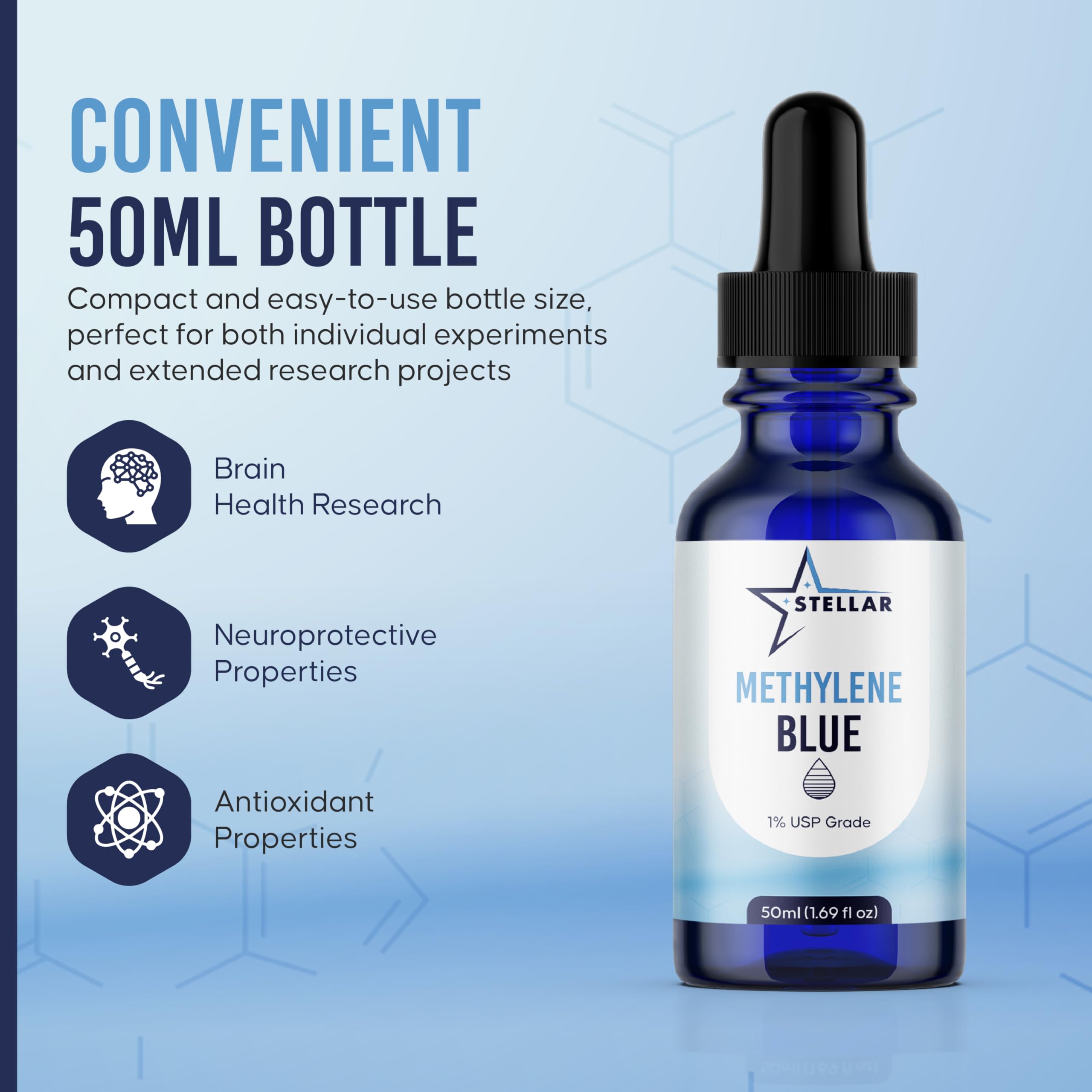 Methylene Blue 1% USP Pharmaceutical Grade - 50mL (1.69 fl oz) Glass Bottle | Third-Party Tested, No Formaldehyde, Brain Health Supplement | Made in USA - Stellar