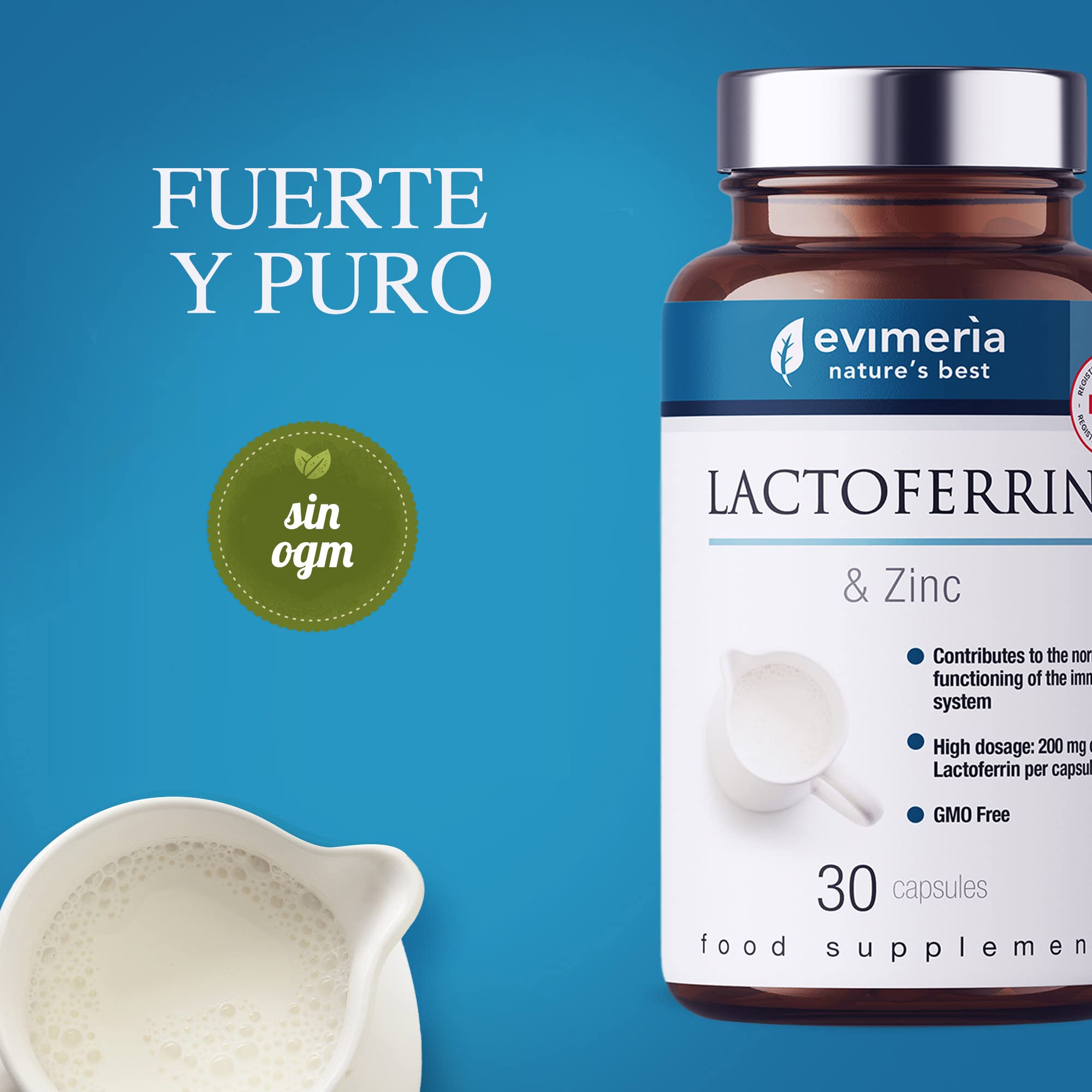EVIMERIA Lactoferrina Pura 200 mg y Zinc | Ayuda a fortalecer el sistema inmunológico | Suplemento de defensa inmunológica | Lactoferrina | Lattoferrina | Paquete doble | Producido en Italia