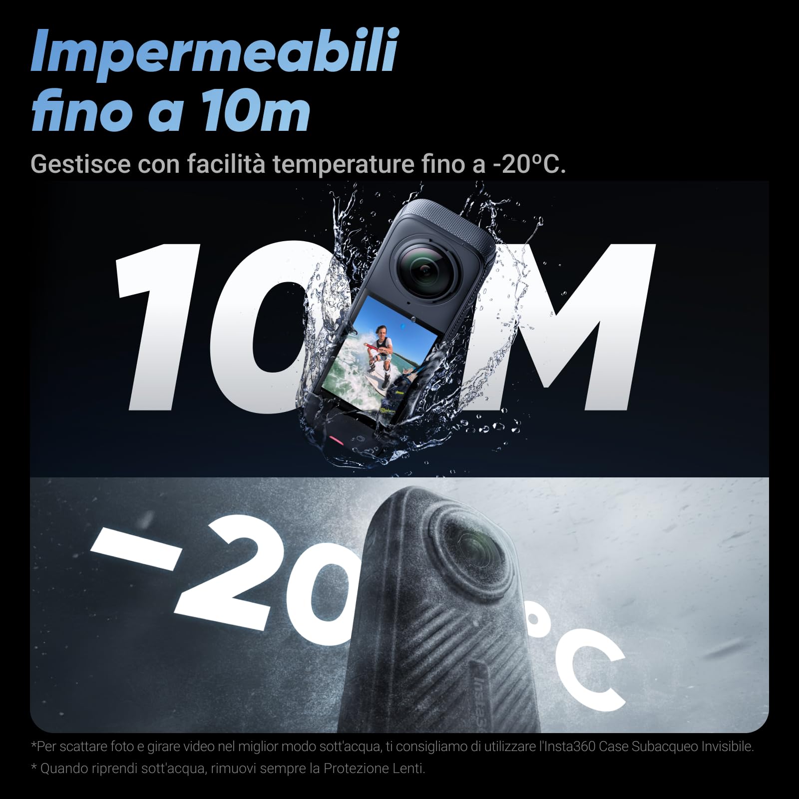 Insta360 X4 Pack Standard - Action Cam 360° 8K Impermeabile, Video Grandangolari in 4K, Effetto selfie stick invisibile. Protezioni Lenti Rimovibili, Autonomia Batteria 135 min, Editing IA