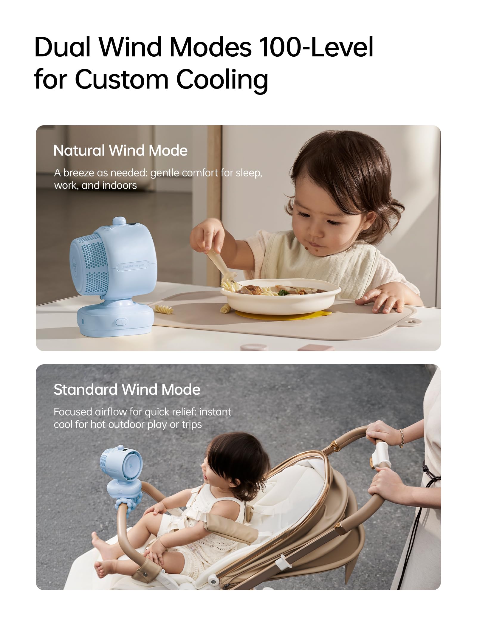 JISULIFE Chic - Ventilador para cochecito 2026 - Baby Cool Helper: oscilación automática inteligente de 180° con 100 velocidades, batería súper larga de 21 horas, ventilador portátil para bebé, para