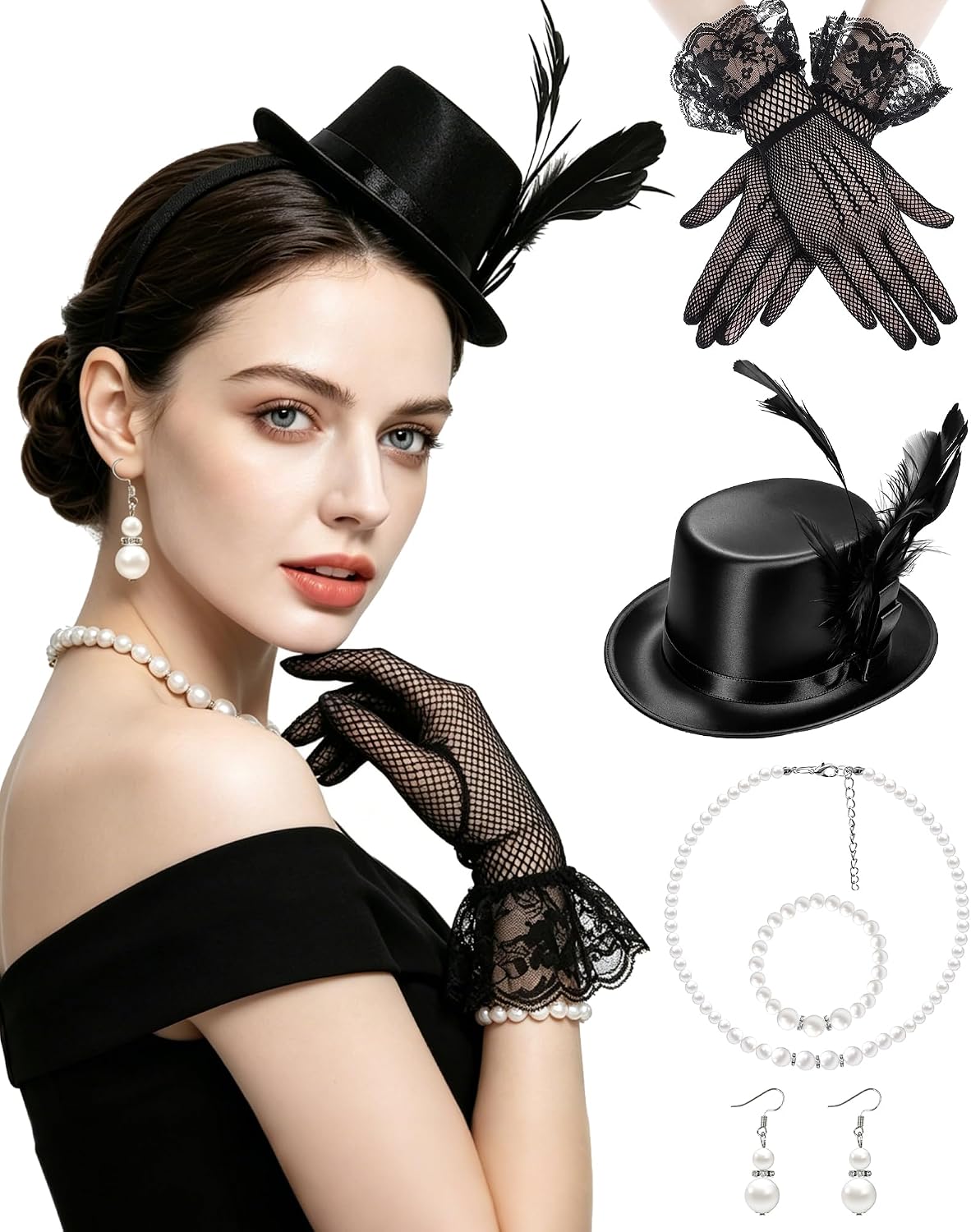 Black Mini Top Hat Headband Set, Small Top Hat with Lace Gloves and Pearl Jewelry Accessories Set, Vintage Party Costume Headpiece for Women Daily Themed Party Gathering
