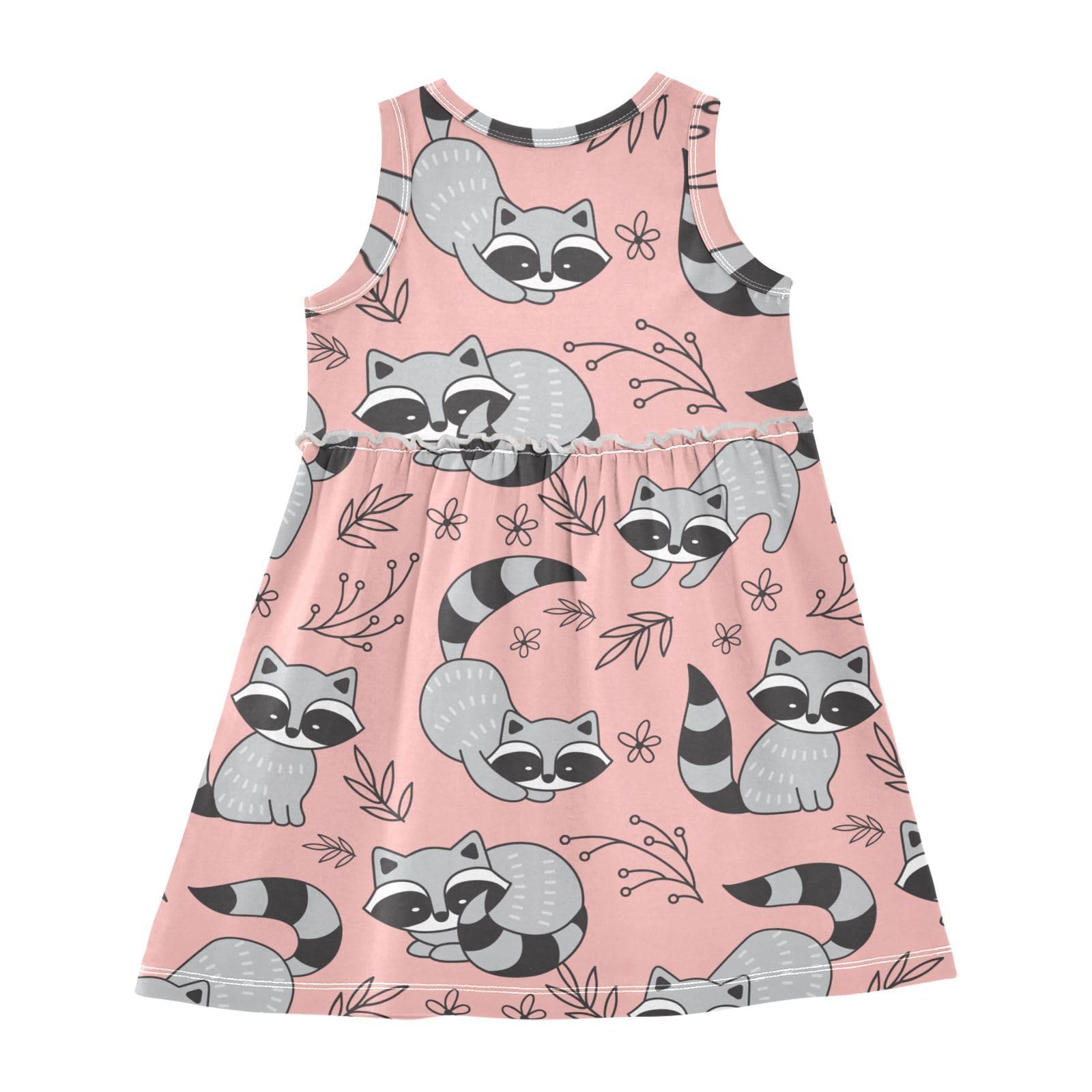 Aflyko Cute Animal Girls Dresses Raccoon Pink Leaves Summer Sleeveless Dress Casual Fit Toddler Playwear Infant Lovely Everyday Wear Themed Birthday Party Dress 3T