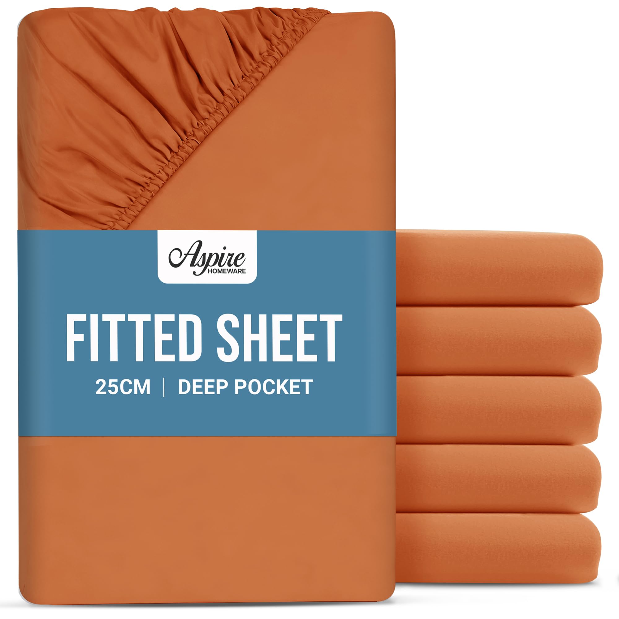 Aspire Homeware Double Fitted Sheet 6 Pack - 25 cm Deep Hotel Quality (Rust) Bed Sheets - Soft & Breathable Fitted Bed Sheets Double - Anti-Wrinkle Easy Care Fitted Sheets
