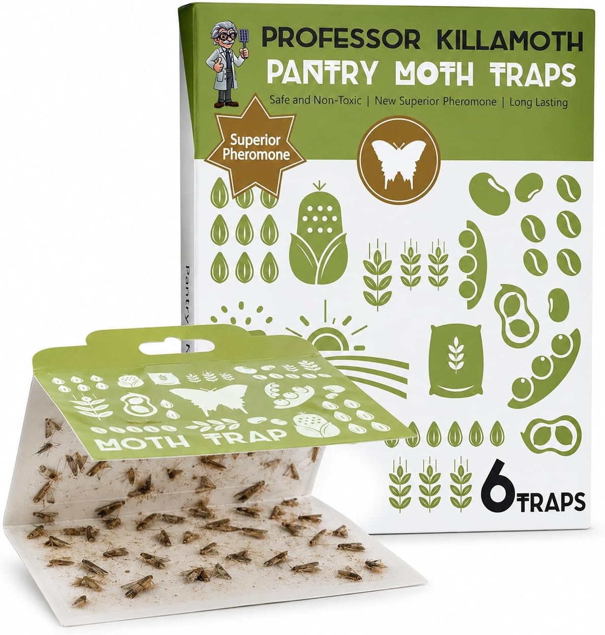 Professor Killamoth Superior Pantry Moth Traps 6-Pack with Pheromones Prime | No Insecticides | Safe, Non-Toxic and Child and Pet Friendly Pantry Protection | Superior Attractant