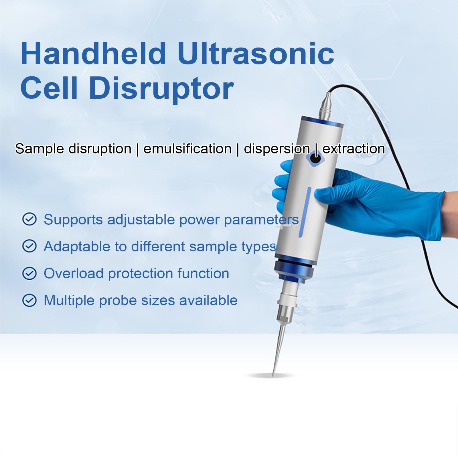 Homogeneizador de mano, 0,1 ~ 300 ml, frecuencia ajustable de 25 ~ 35 KHz, trituración rápida para emulsionar y dispersión