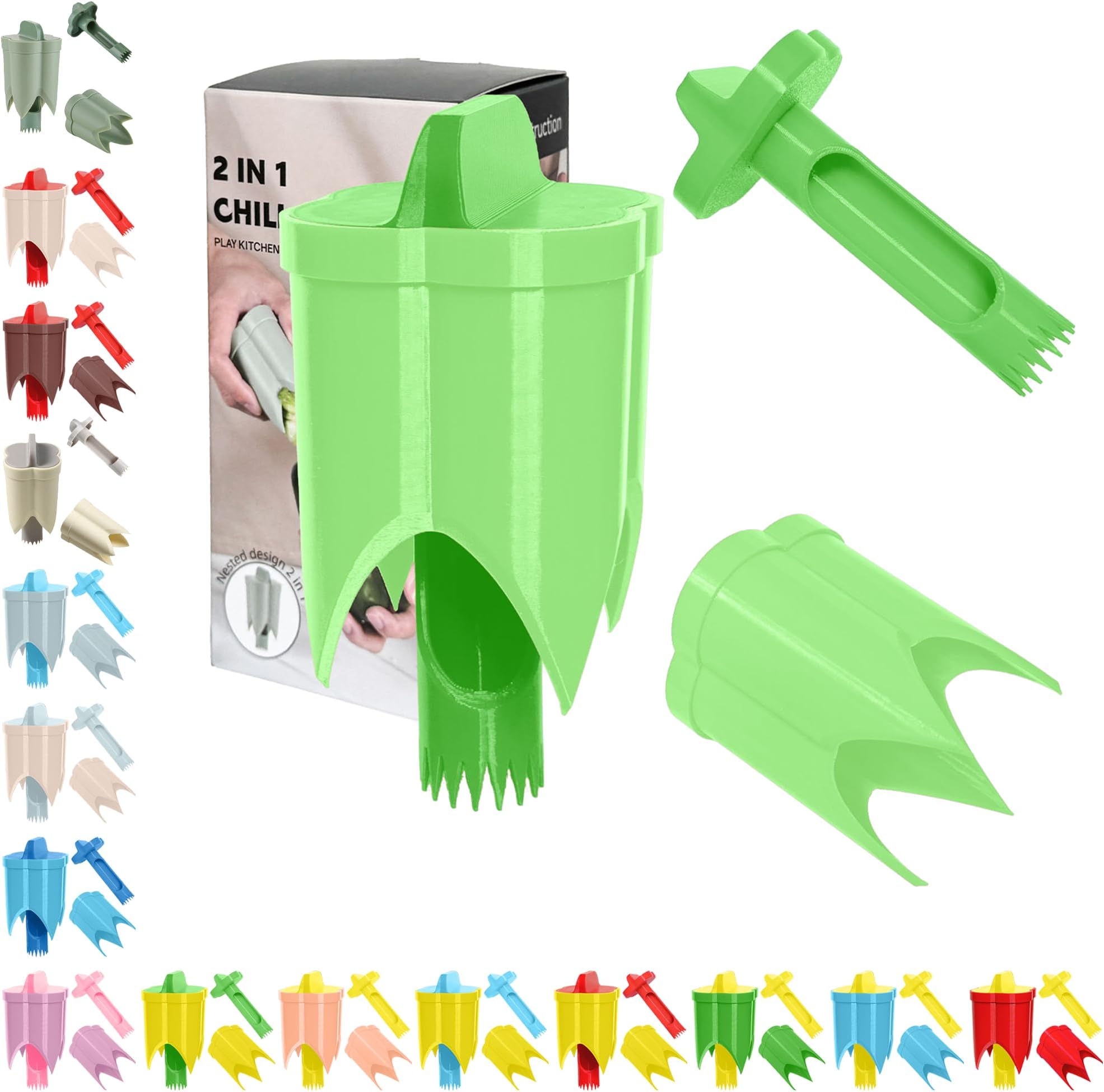 Pepper Corer, 2 in 1 Red Bell Pepper Seed Corer Remover Tool, Fruit & Vegetable Corers Quick Cave Tools for Jalapeno Cutter Deseeder, Bright Green