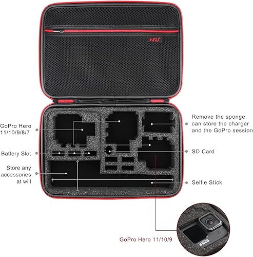 Miniatura 4 de HSU Funda de transporte grande para GoPro Hero 11, 10, 9, Hero 8, 7 negro, HERO6, 5, 4, + LCD, negro, plateado, 3+, 3, 2 y accesorios con asa de