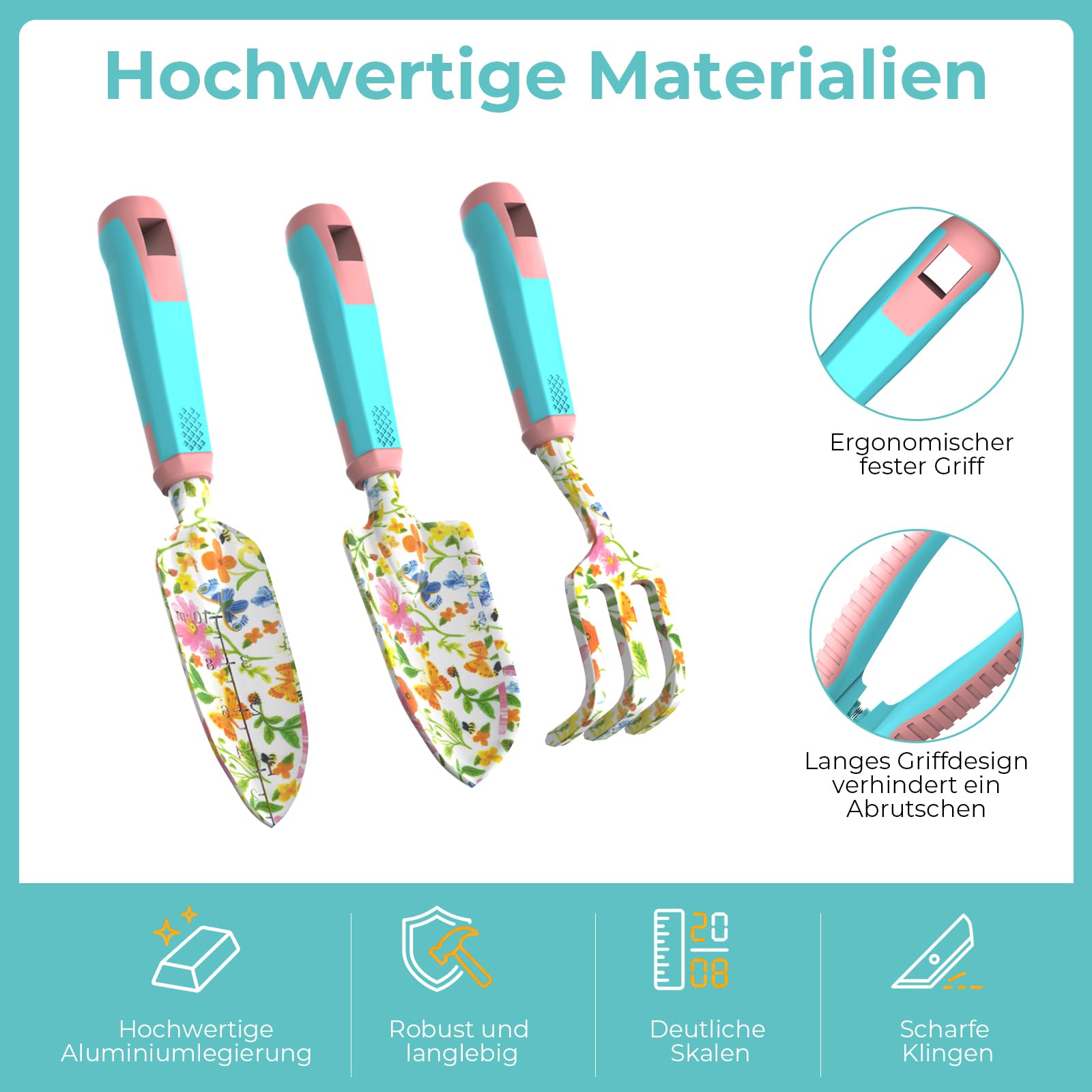 9-teiliges Gartengeräte-Set, Garten-Handwerkzeuge aus Aluminiumlegierung Starter-Kit mit Gartentasche, Robustes Outdoor-Werkzeug-Set mit ergonomischem Griff, Garten-Geschenke (Blumenmuster)