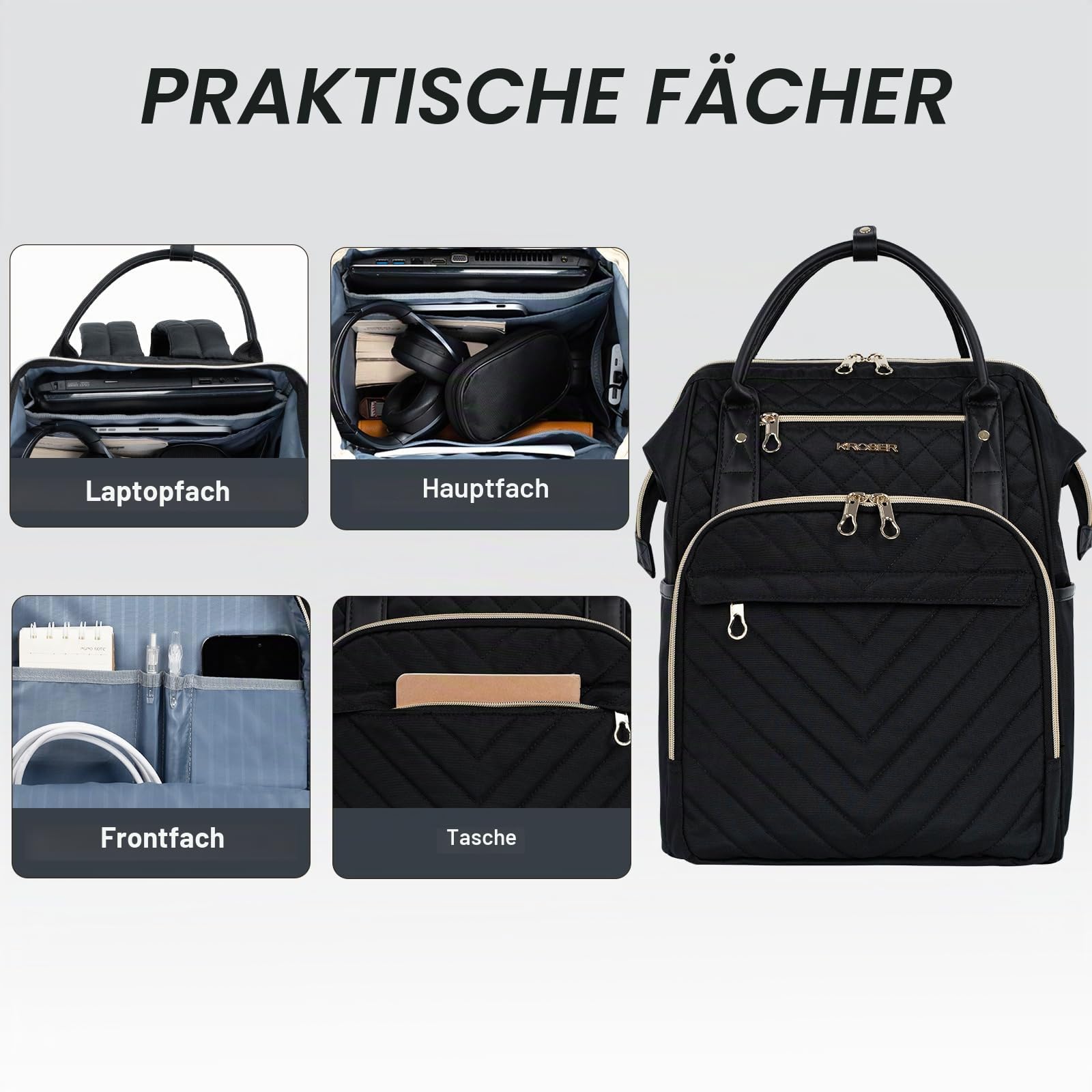 KROSER Laptop-Rucksack Damen 17 Zoll Business Reiserucksack Wasserdicht mit Hartgeschältem Sicherheitsraum Tasche für Männer/Frauen, Schwarz Gesteppt