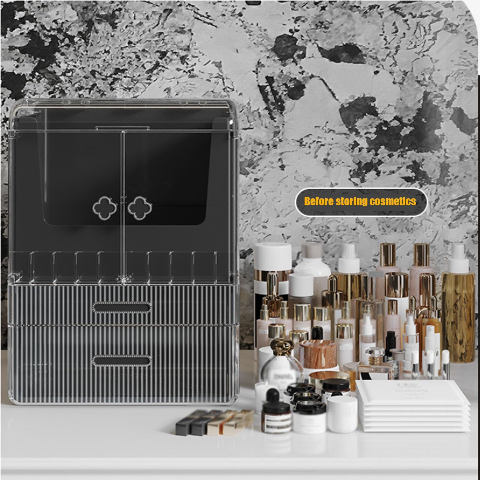 Organizador de Maquillaje Vanity Maquillaje Caja de Almacenamiento de cosméticos Cajones con Tapa de Doble Puerta Transparente Vitrinas portátiles Impermeables a Prueba de Polvo,Negro