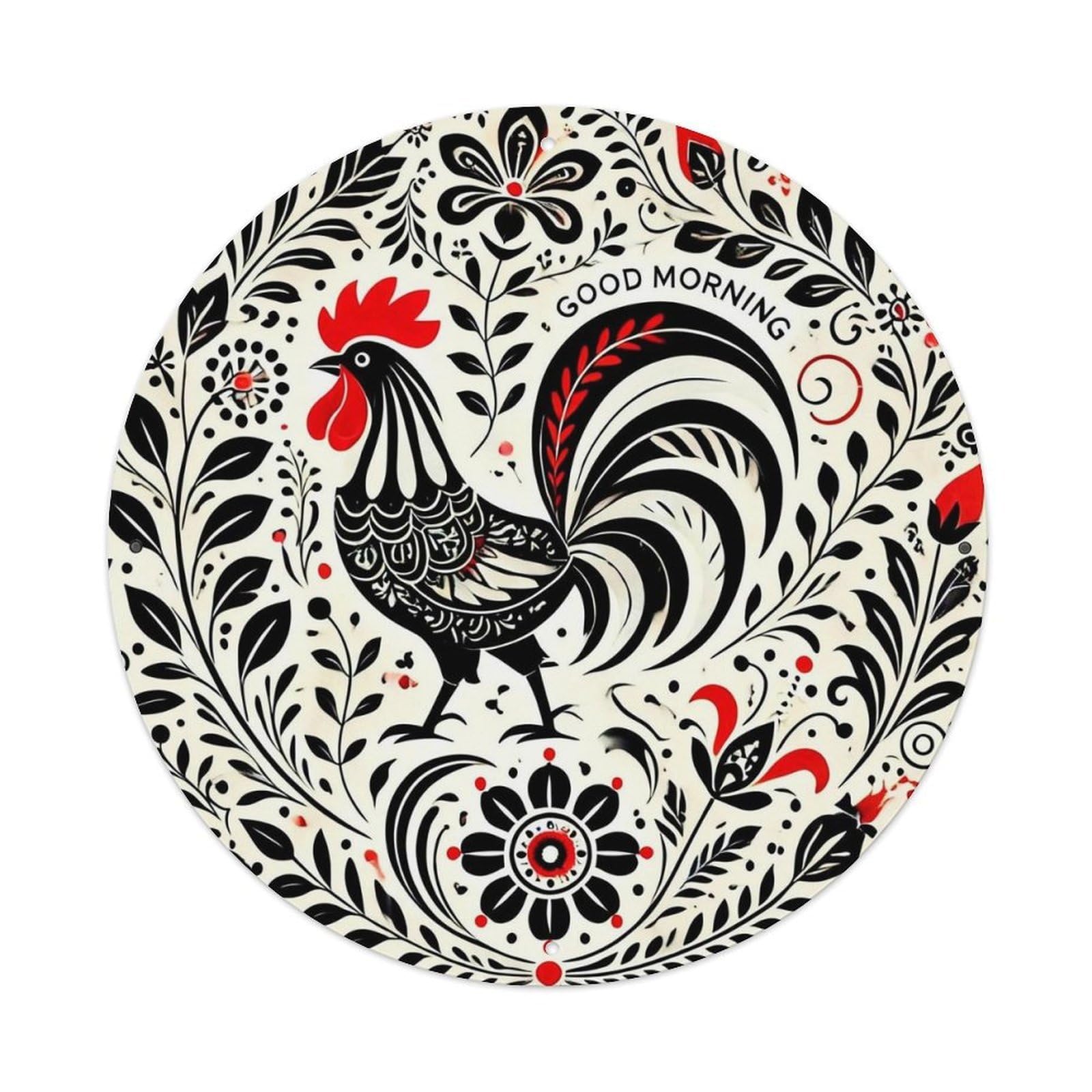 Rooster Floral Pattern Art Design Round Tin Sign Vintage Metal Sign Home Bar Garden Indoor & Outdoor Wall Decor Retro Metal Poster 8x8 Inch