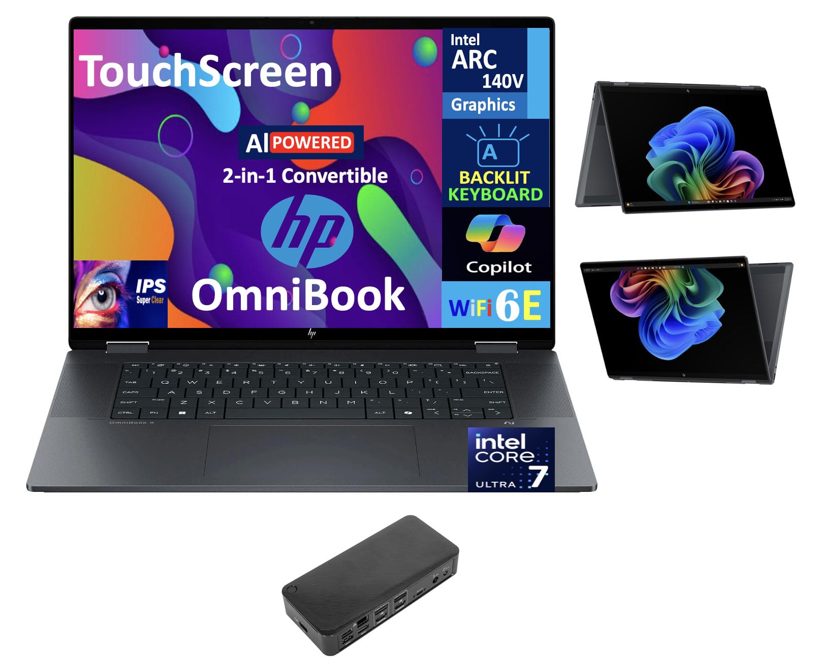 HP OmniBook X Flip AI Powered 2-in-1 (NextGen Envy x360) Laptop 16.0" Touch IPS WUXGA (Intel Ultra 7-258V, 32GB LPDDR5X, 8TB SSD, Backlit KB, Thunderbolt 4, WiFi 6E, Win 11 Pro) w/USB-C Dock