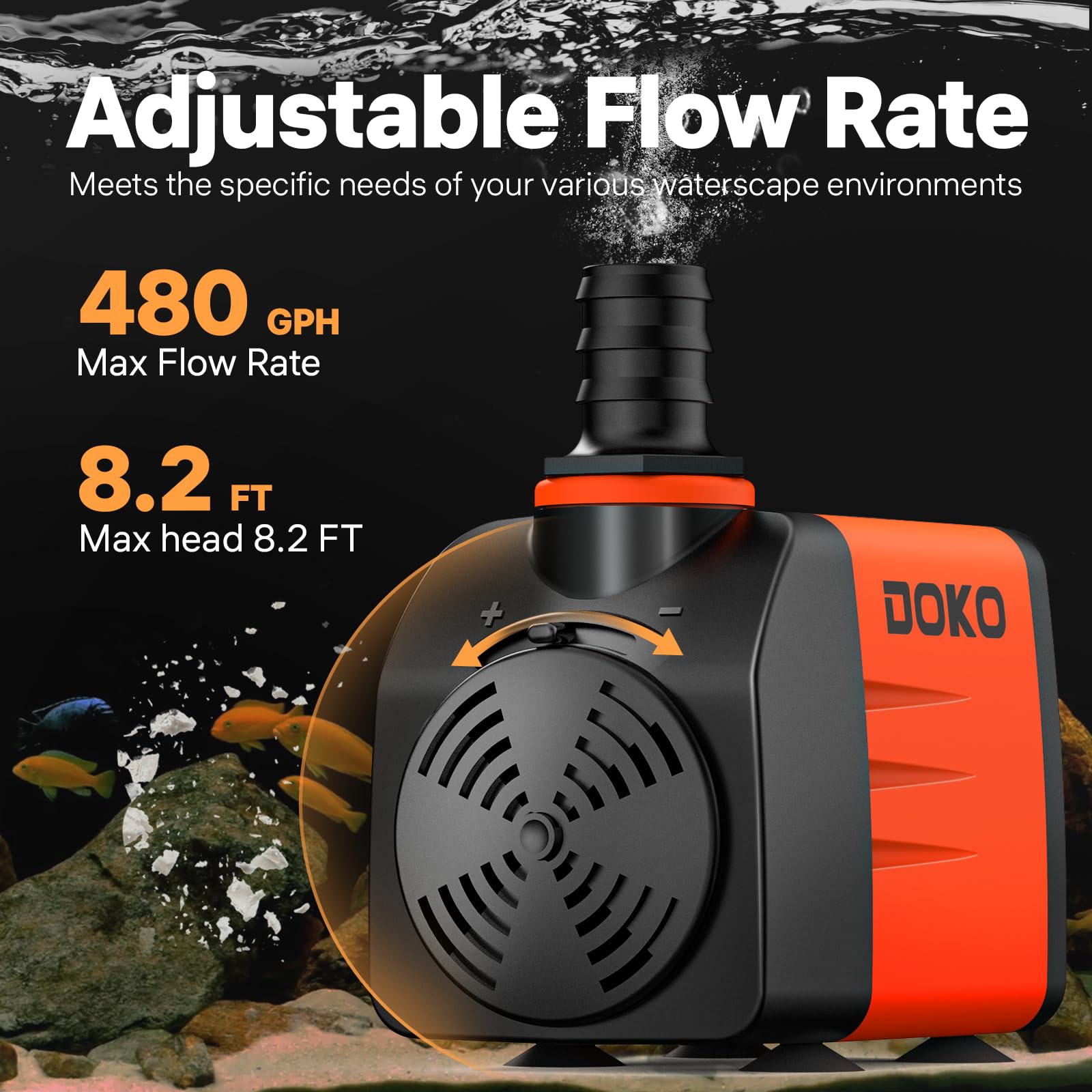 DOKO 480GPH Submersible Water Pump, Pond Pumps with 6FT Power Cord and 3 Nozzles,35W, Ultra Quiet Fountain Water Pump for Ponds, Waterfalls, Fountains, Fish Tanks, Hydroponics, and Aquariums