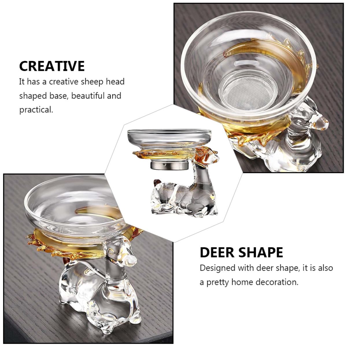 SECFOU Infusor de Té de Cristal Transparente en Forma de Ciervo, Colador de Malla Fina para Filtro de Residuos, Accesorio para Infusiones Caseras, Filtro Práctico para Té Gongfu, 1