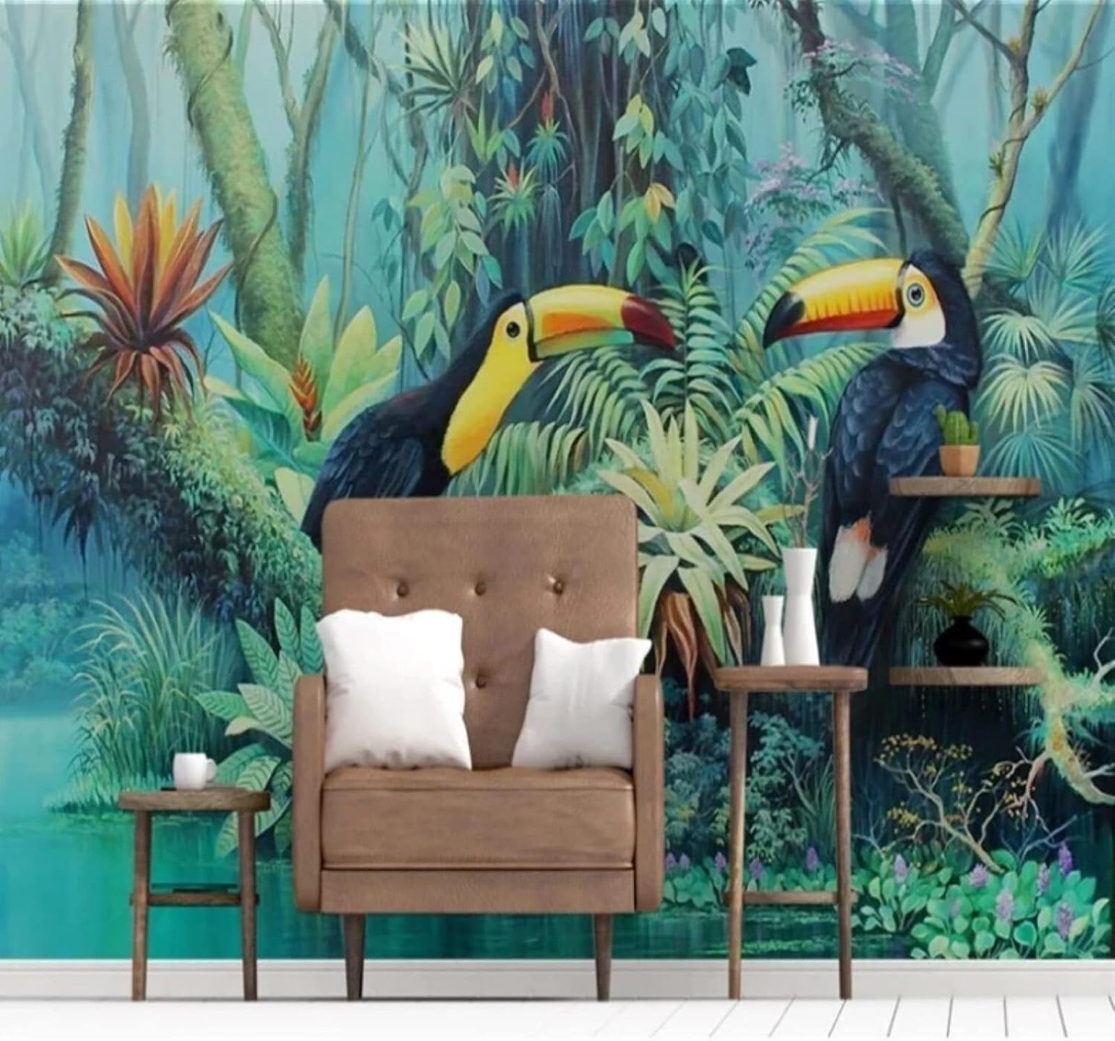 Hand Drawn Green Fresh Forest Toucan 3D Wallpaper Easy Install Feature Office Living Room Sofa Bedroom TV Background Wall Decoration-400cm×280cm