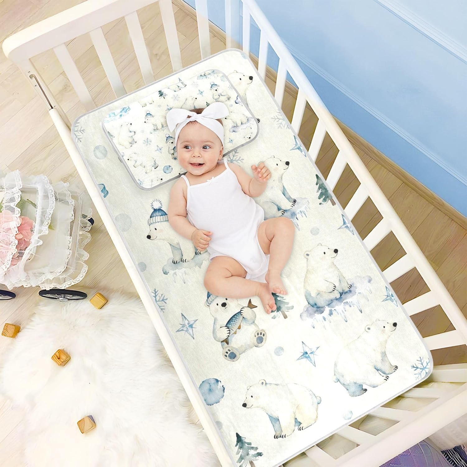 Winter Blue Polar Bear Cooling Baby Mattress Protector Pads 28" x 52" Breathable Bed Pads Disposable for Baby&Toddler