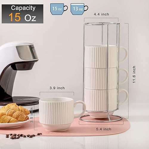 Vista 99 de Hasense Juego de 4 tazas de café de cerámica con soporte, 15 onzas, apilables, grandes, de porcelana, acanaladas, para capuchino, té, cacao