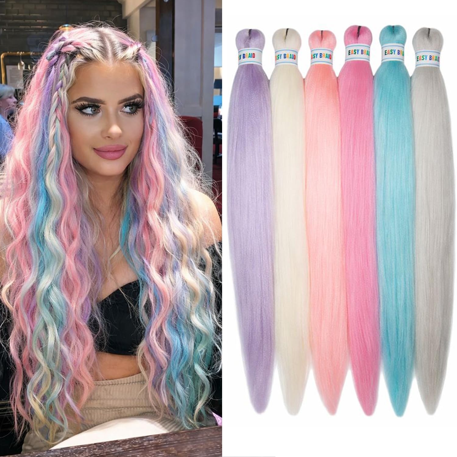 6 Packs Colorful Braiding Hair Pre-Stretched 26 Inch Multi-Colored Hair Extensions for Unicorn Braids Hot Water SettingRainbow Braiding Hair Pre Stretched