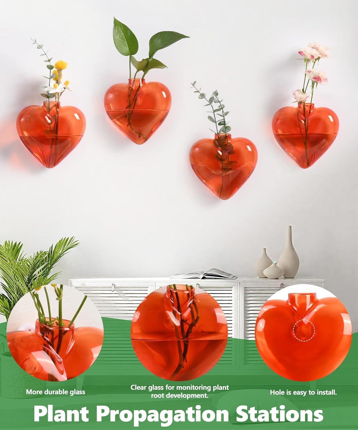 Nacome Wall Hanging Propagation Station: 4 PCS Heart Shaped Glass Plant Terrarium Vases for Home Office Decor - Unique Gifts for Plant Lovers Women Mom (Orange)