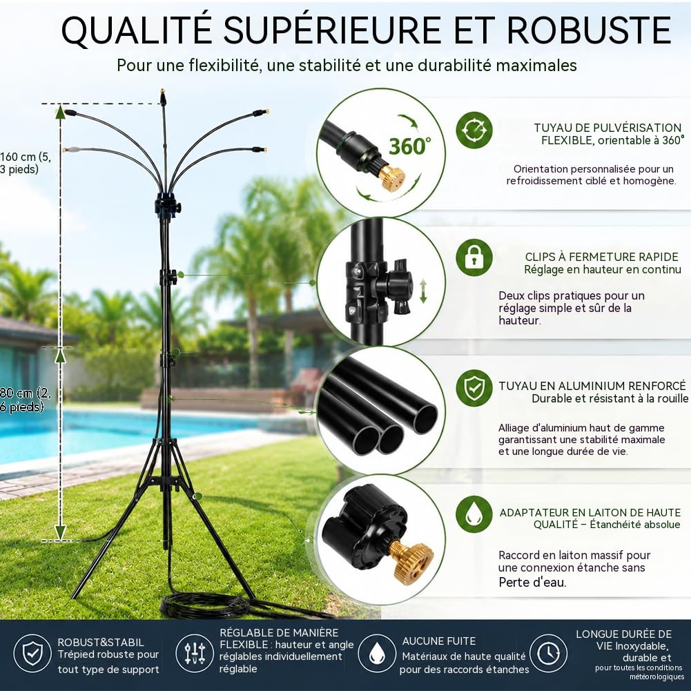 Brumisateur sur Pied - Système de Brumisateurs Debout pour Terrasse Extérieure Réglable, Brumisateur Portable avec Tuyau de 8 m et 4 Buses de Brumisation pour Jouer à la Brume, Jardin (1 Kit)