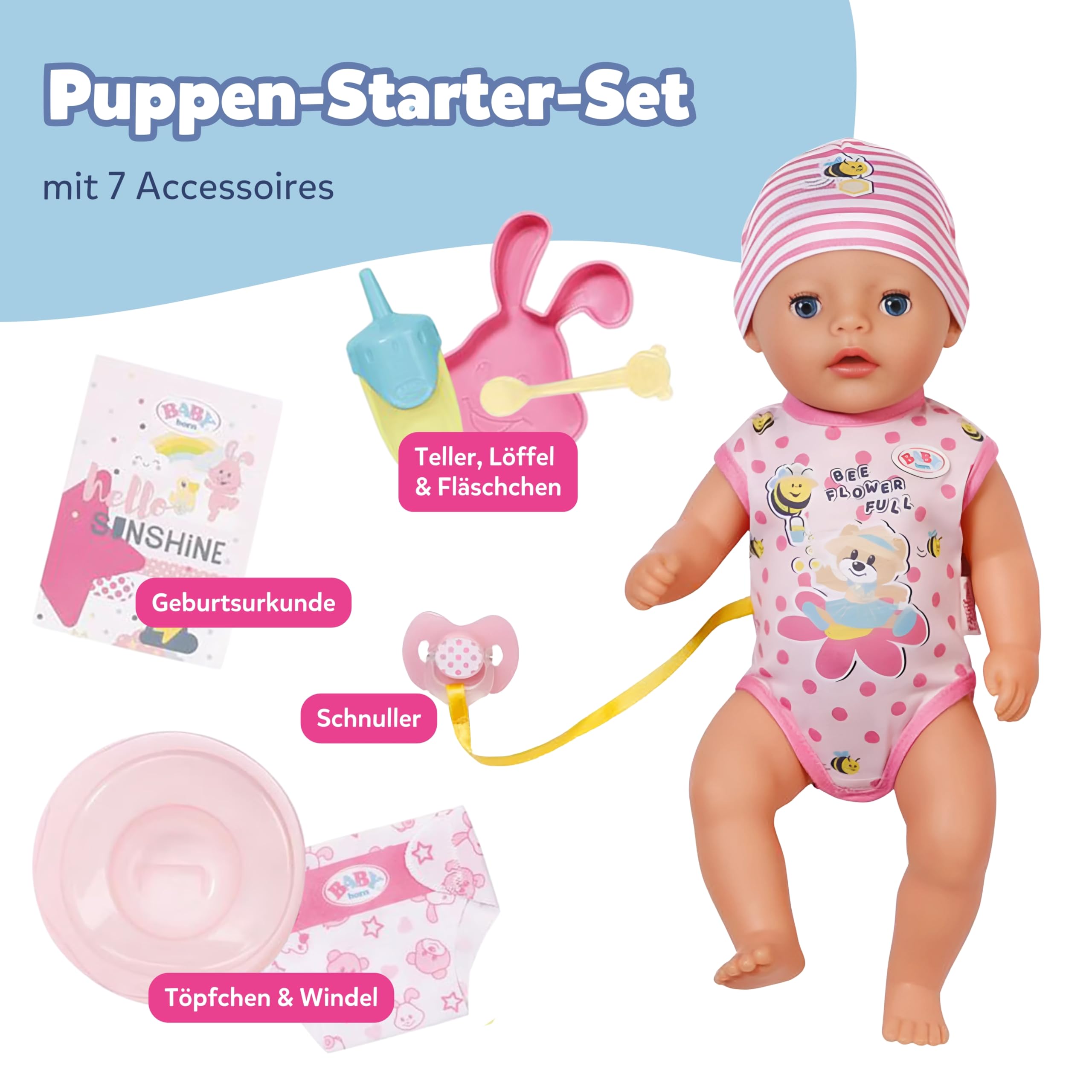BABY Born Lena (Little Baby Girl) - 36 cm große Babypuppe - 7 Funktionen inkl. Accessoires & Strampler - Funktioniert komplett ohne Batterien - Geeignet für Kleinkinder ab 1 Jahr