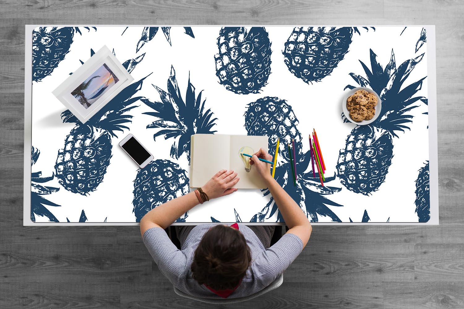 Sous-main de bureau 120x60 cm gris motif ananas tapis de protection vinyle - 8