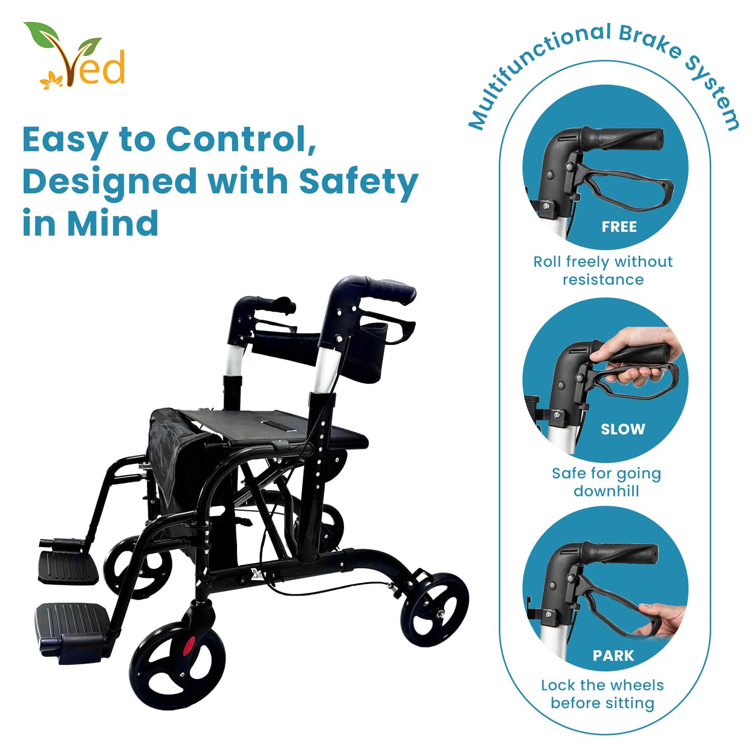 ved Silla De Ruedas 2 En 1 - Diseño Plegable Con Asiento Cómodo, Frenos De Seguridad, Y Altura Ajustable - Ayuda Para Adultos Y Personas Mayores En Movilidad Y Autonomía