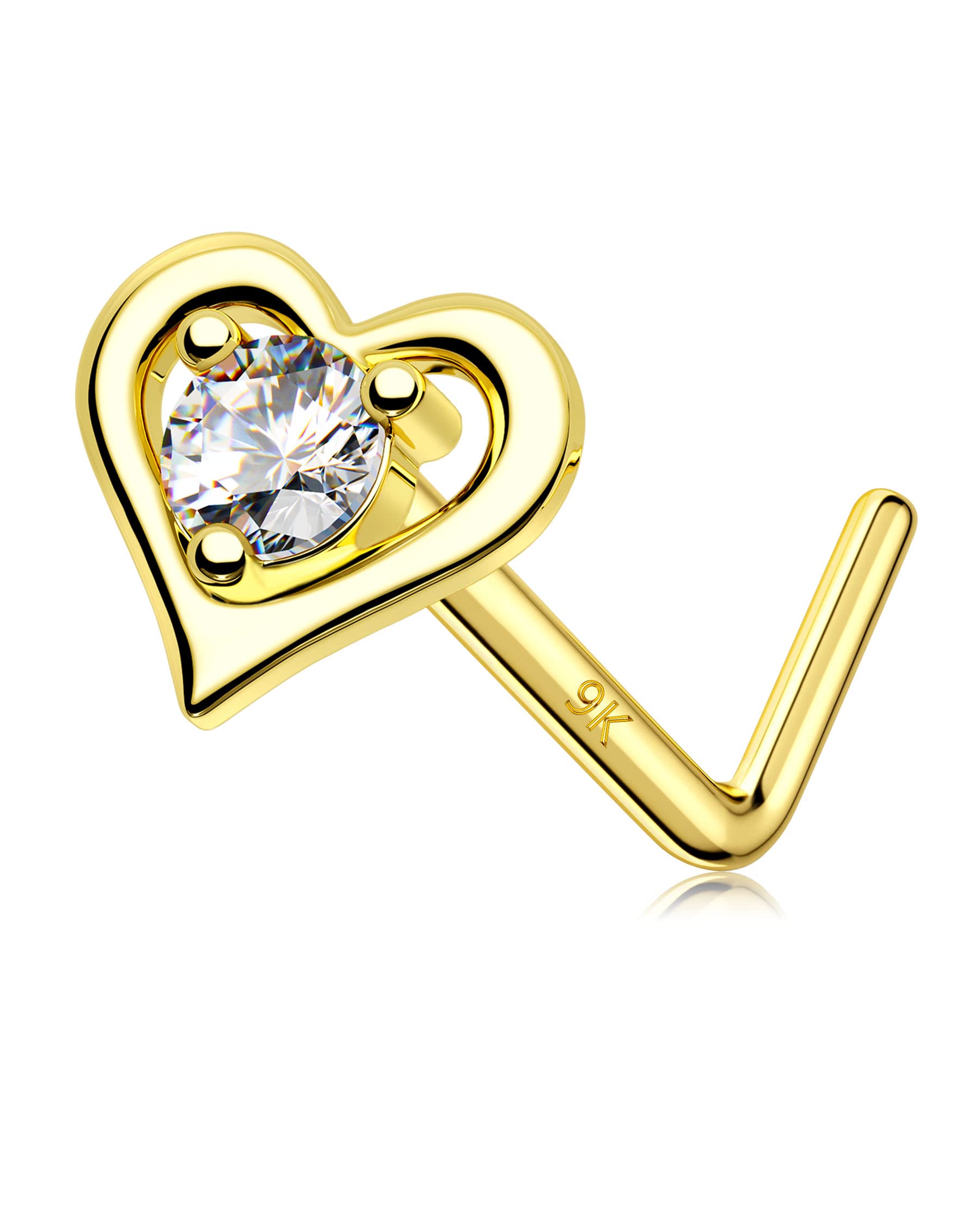 Melighting Nasenpiercing 9Karat Echt Gold Nasenstecker Stud Nasenring L Form Nasen Screw 20G(0,8mm) Herz Diamant Nasen Nostrial Piercing Schmuck