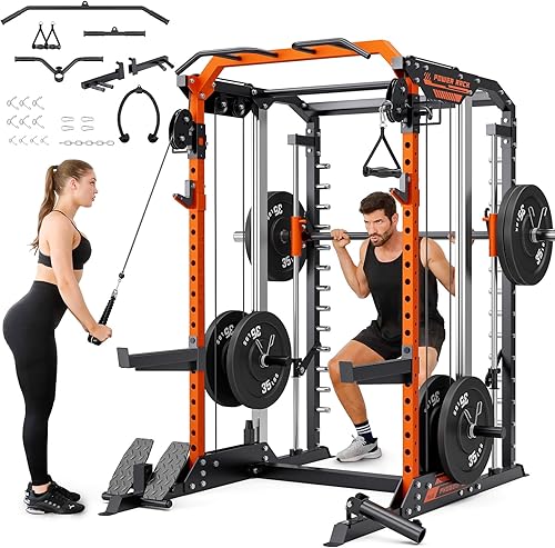 YOLEO Smith Machine & Squat Rack Combo, Multi-Functional Power Racks with Adjustable Width & Pull-Up Bar, Cable Crossover Power Cage, Independent