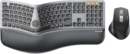 ProtoArc Ergonomic Keyboard Mouse, EKM01 Plus Full Size Wireless Bluetooth Ergo Keyboard Mouse Combo, Cushioned Palm Rest, Split Design, Rechargeable, Compatible for Windows, Mac OS - Gray and Black