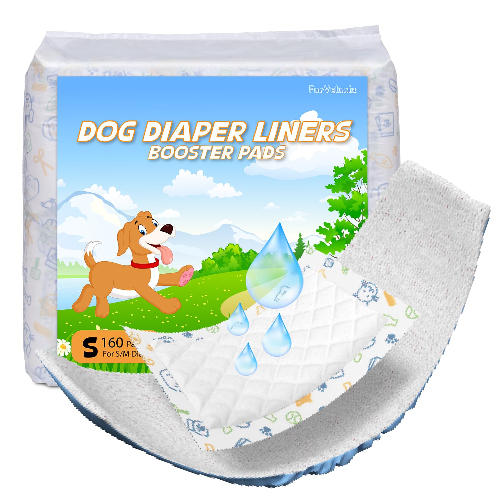 FurVeluxia Dog Diaper Liners 160ct, Disposable Dog Diaper Pads Liner Female and Male Super Absorbent Doggie Period Diaper Inserts fit Most Puppy