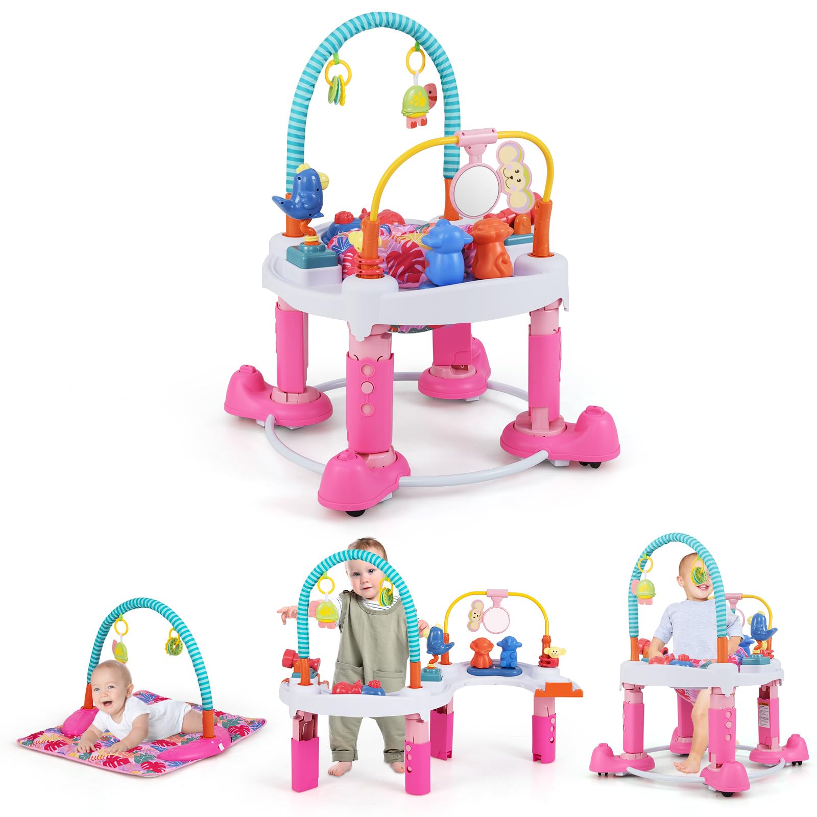 Centro de actividades INFANS Baby Bouncer 5 en 1 para niños pequeños, tapete de juego, mesa de actividades con asiento giratorio de 360°, altura ajustable en 3 niveles, andador de aprendizaje plegable, color rosa