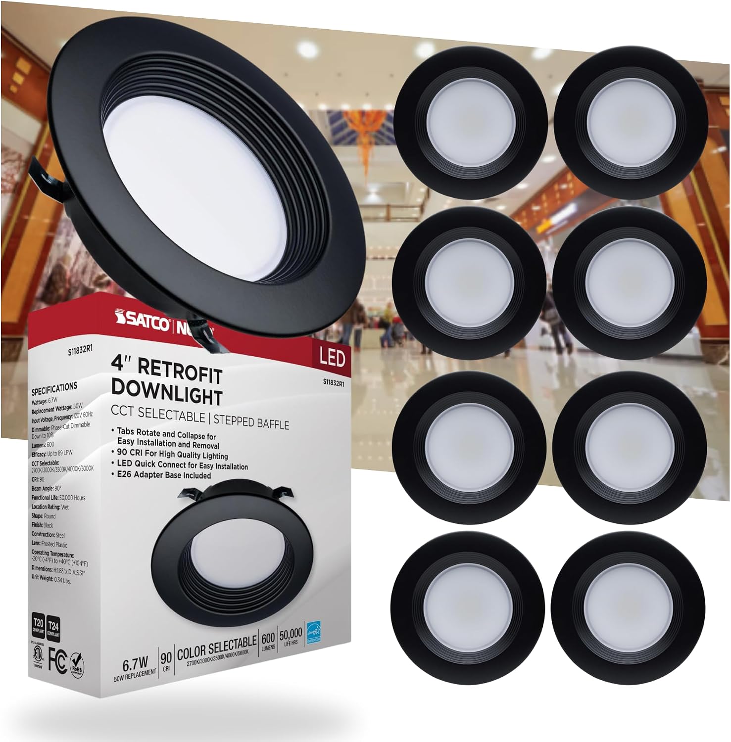 Satco 8 Fixtures S11832R1, 6.7 Watt; Dimmable LED Downlight Retrofit; 4 Inch; CCT Selectable Warm White to Natural Light; 120 Volts; Black Finish; Residential and Commercial Use